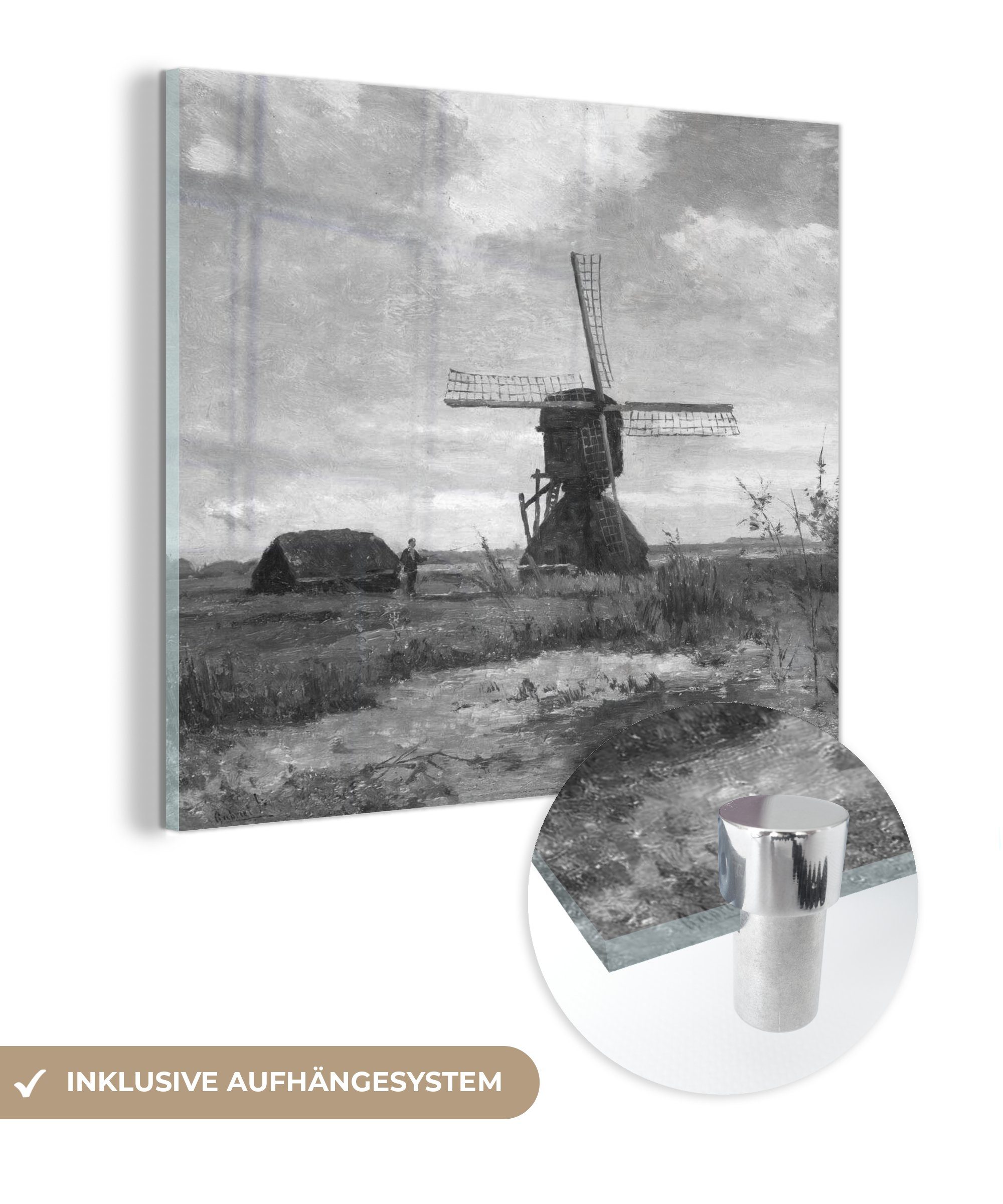 Tag, Sonniger am - Glas Glasbilder schwarz-weiß Glas - eine auf auf Bilder Acrylglasbild Mühle Foto Wandbild (1 - MuchoWow Gemälde, St), - Wanddekoration in Wassergraben