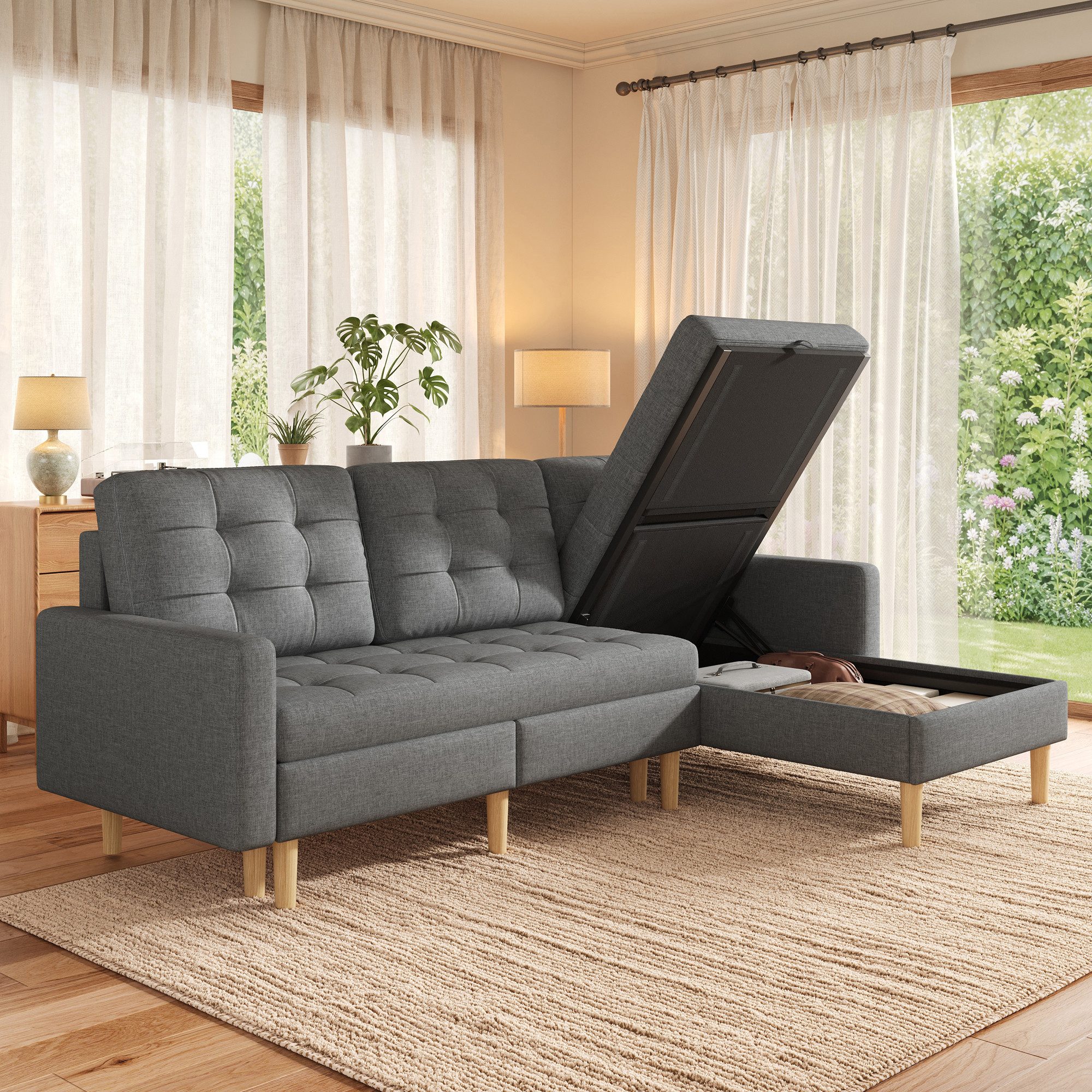 Merax Ecksofa mit Stauraum & Schlaffunktion, 212×130×86cm, 1 Teile, L-Form Sofa mit wechselbarer Chaiselongue, 3-Sitzer Sofa Couch