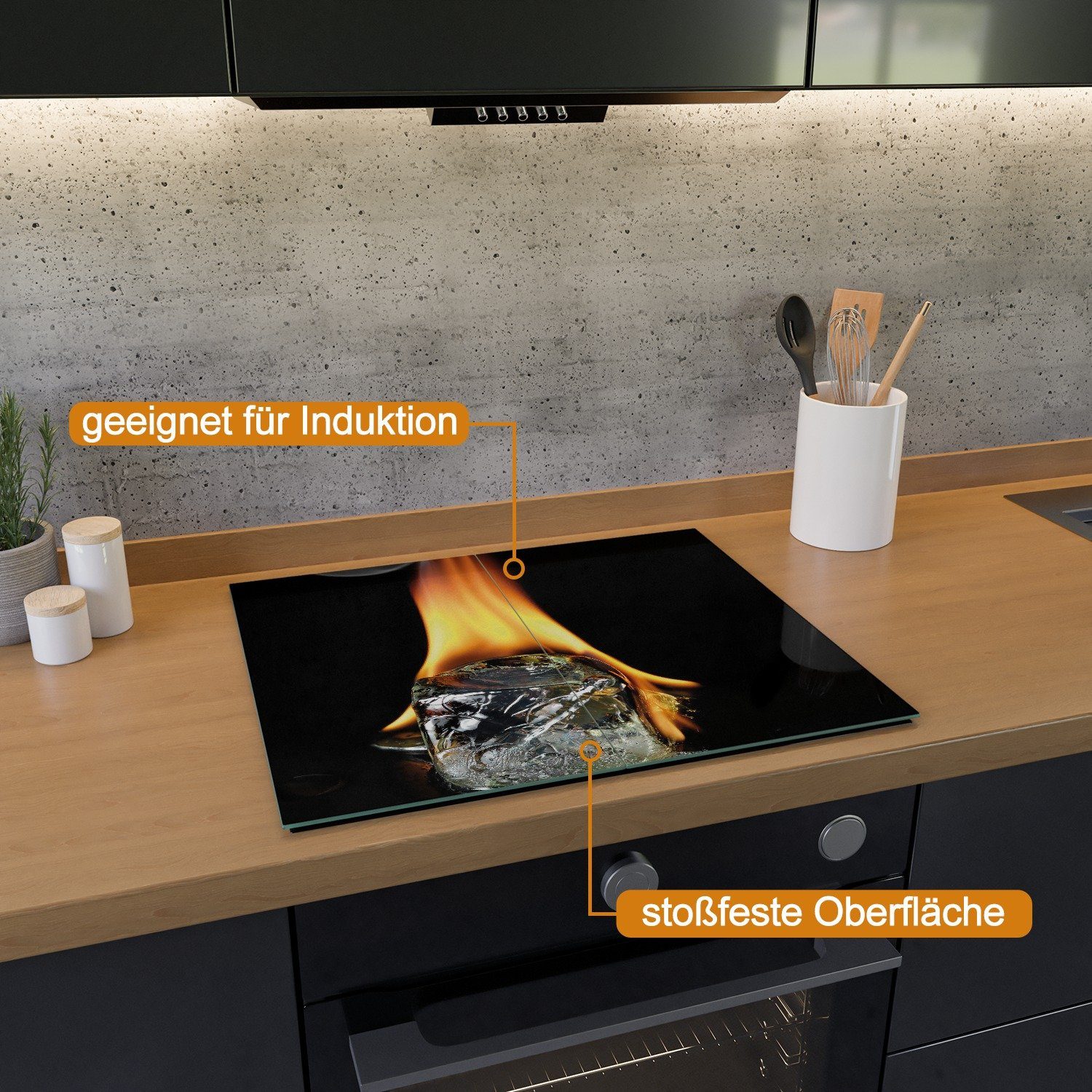 Wallario Herd-Abdeckplatte Brennender Eiswürfel, ESG-Sicherheitsglas, (Glasplatte, 2 tlg., inkl. 5mm Noppen), verschiedene Größen