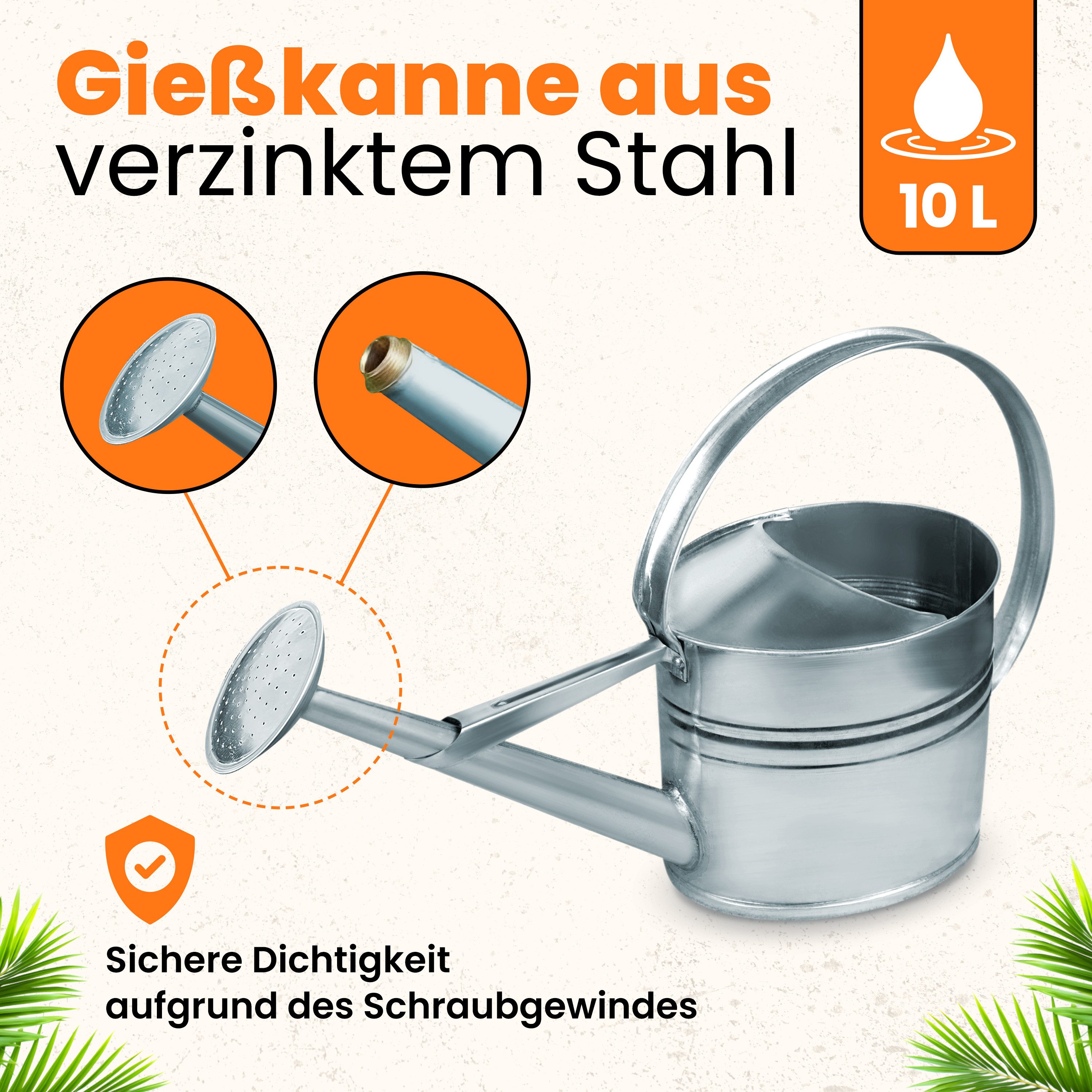 hrb Gießkanne Zinkgießkanne 10 L, feuerverzinkt, langlebige Metallgießkanne Kanne, aufschraubbarer Ausguss