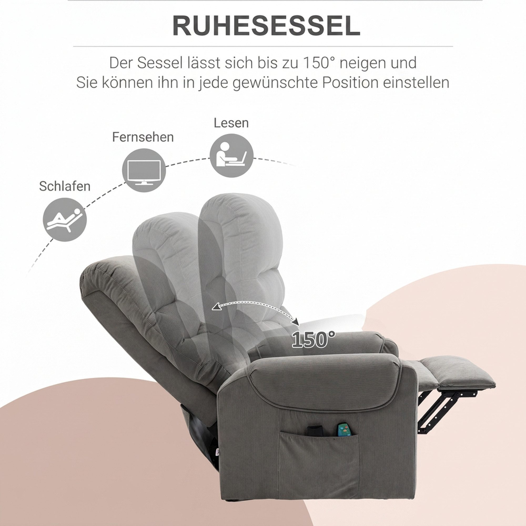 HOMCOM Massagesessel Fernsehsessel mit Aufstehhilfe, Massagesessel mit Liegefunktion (Aufstehsessel, 1-St., Massagesessel), Massagesessel mit Aufstehhilfe, Dunk – Bild 5 von 5