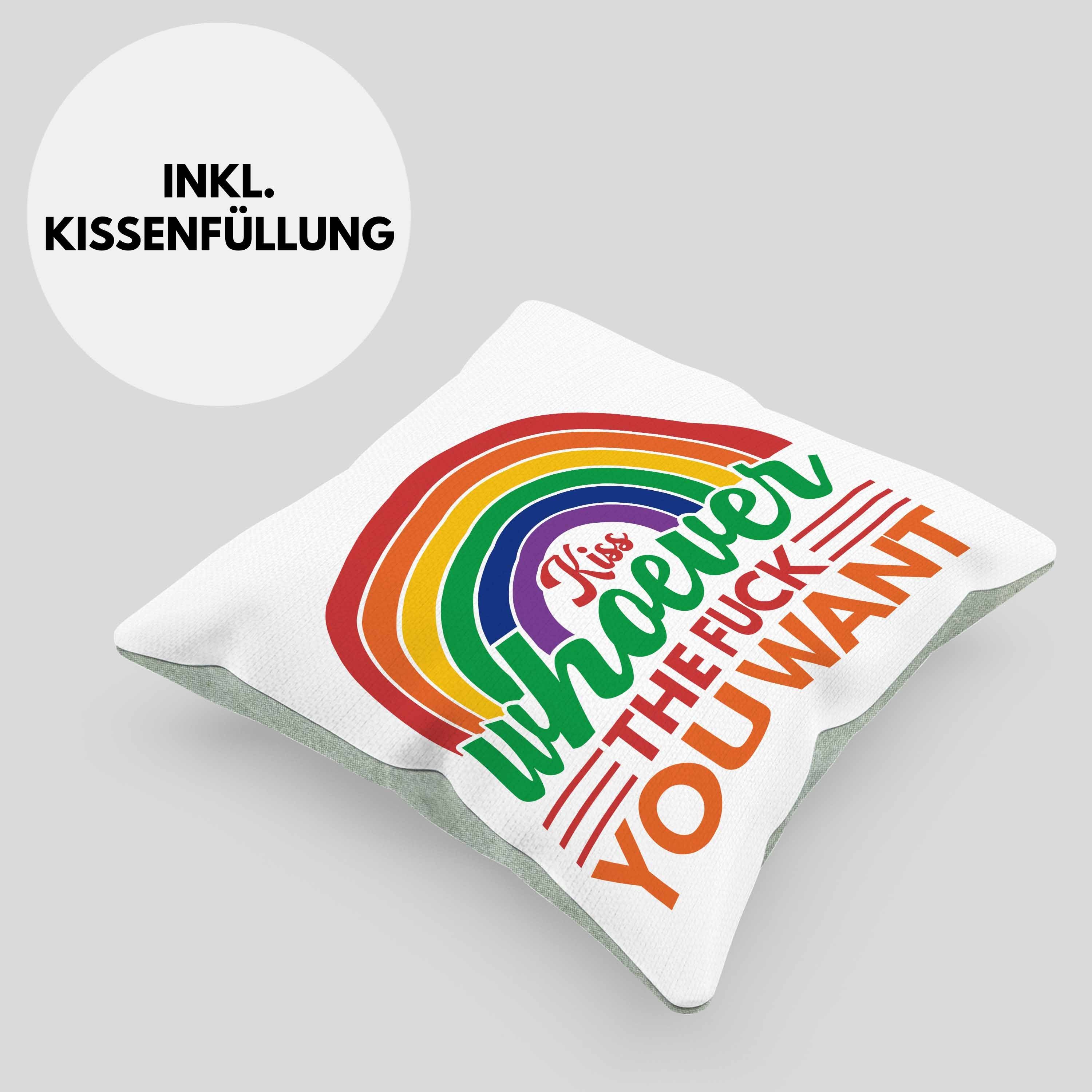 40x40 Kiss Whoever Geschenk Lesben Im für - Grafik Want Trendation Lustige Gay Regenbogen Dekokissen You Trendation In Grün Transgender Kissen mit LGBT Regenbogen Sounds Schwule Füllung Dekokissen