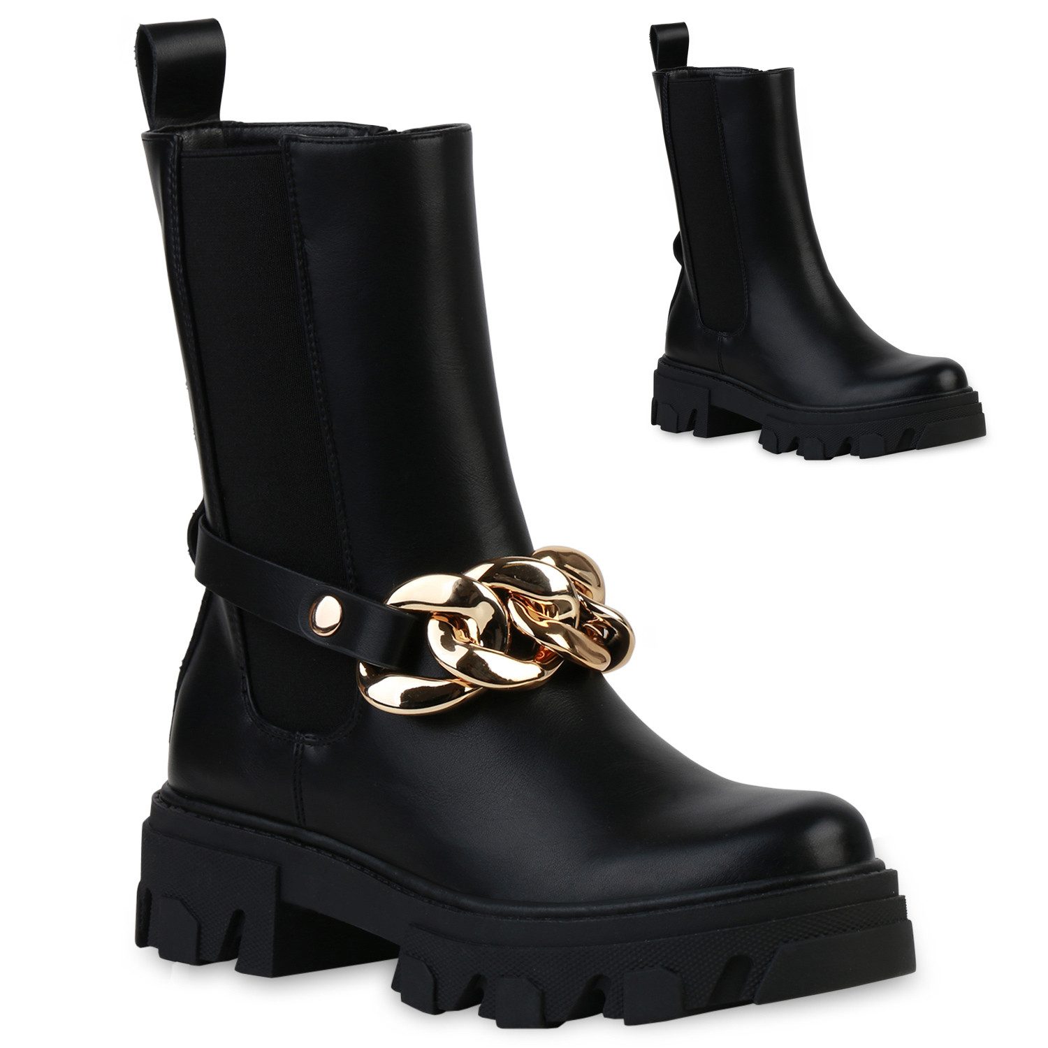 VAN HILL 837633 Plateaustiefelette Damen Plateau Boots Stiefeletten Ketten Stiefel Profil-Sohle