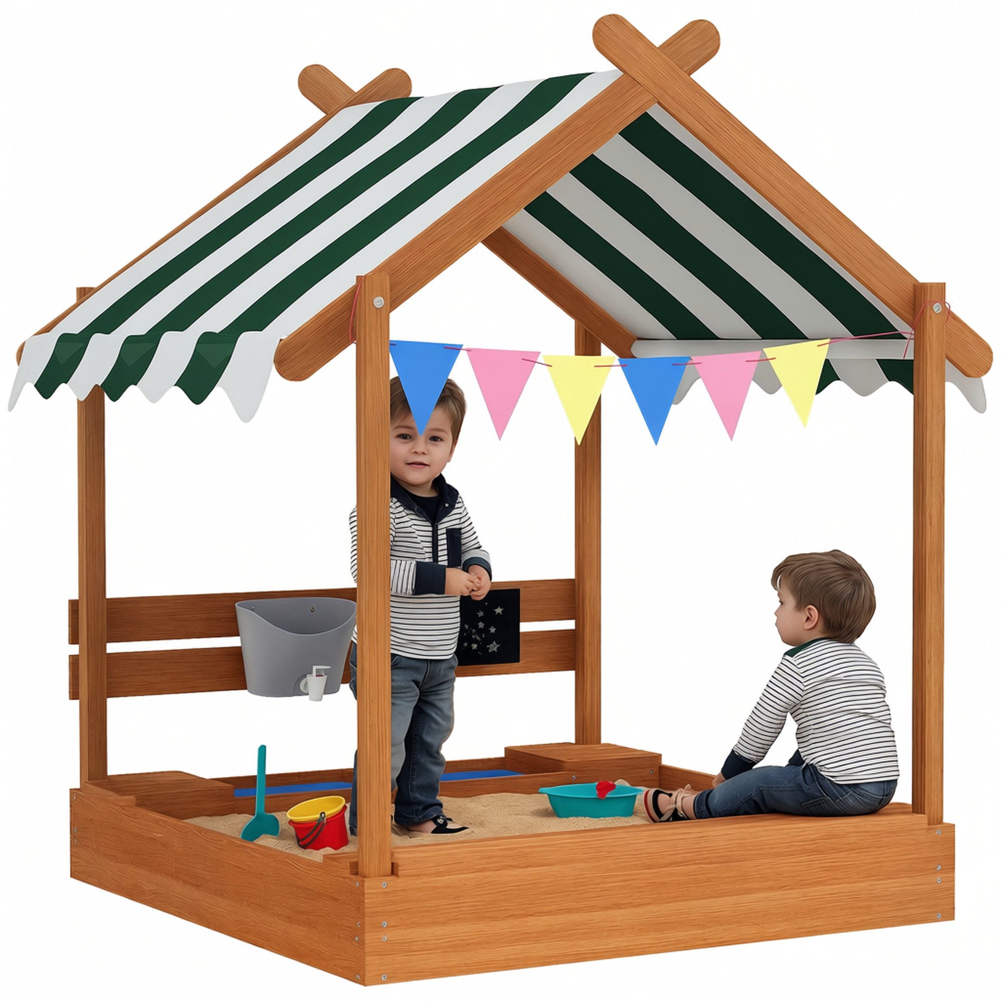 Outsunny Sandkasten Sandkiste mit Dach, aus Holz mit Sitzplatz, Garten, grün, (Spielhaus, 1-tlg., Sandbox mit Tafel), für 3-7 Jahre Kinder, 124 x 116 x 146 cm
