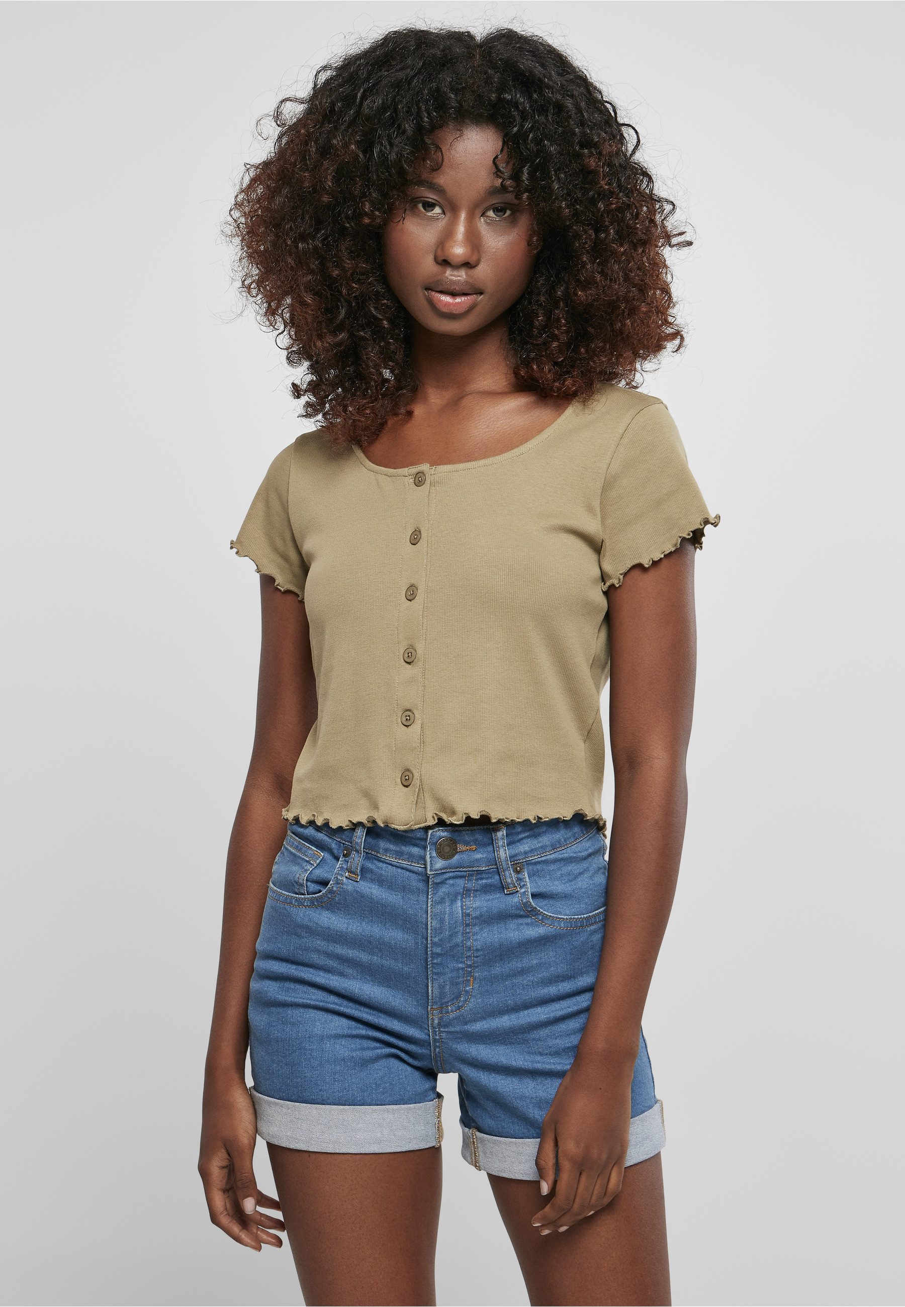 URBAN CLASSICS Kurzarmshirt Urban Classics Damen Ladies Cropped Button Up Rib Tee (1-tlg)