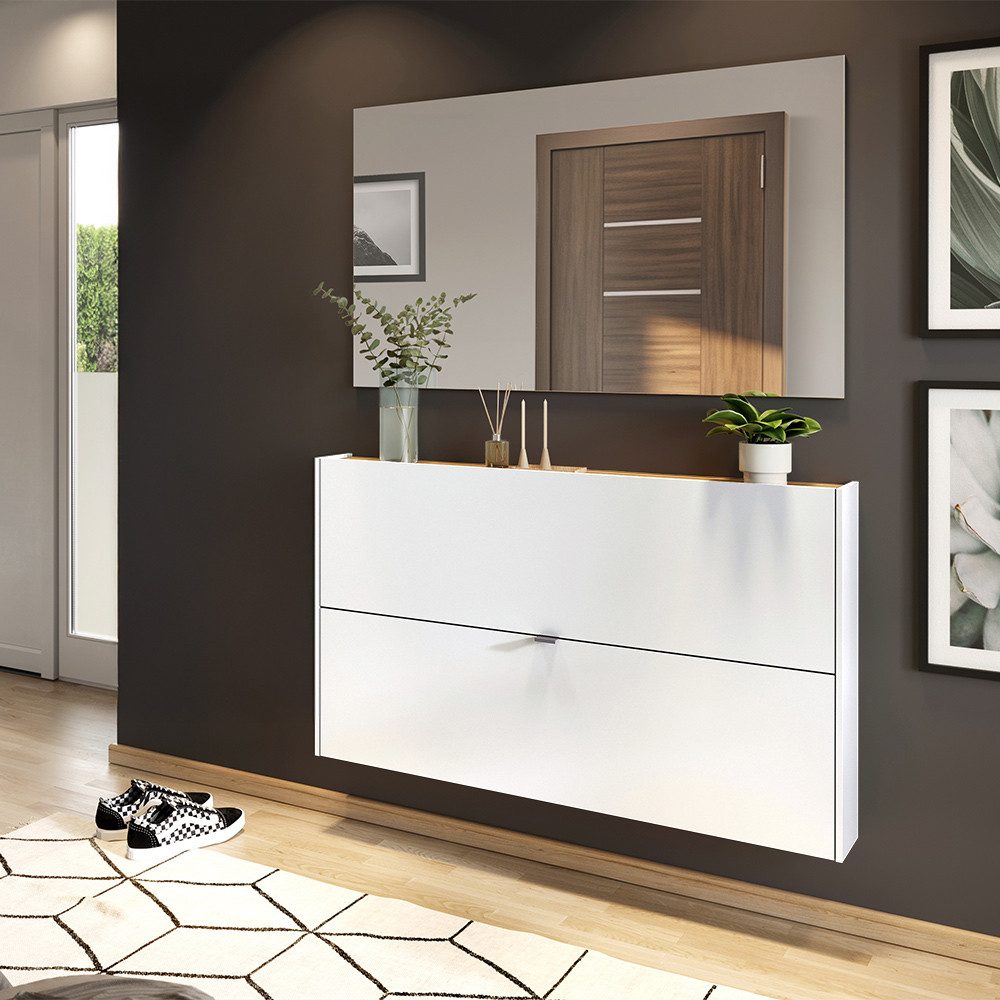 Lomadox Garderoben-Set ABERDEEN-01, (Spar-Set, 2-St., Schuhschrank Spiegel), in weiß mit Eiche, wandhängend, ideal für schmale Flure