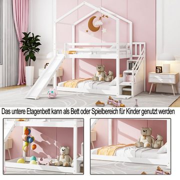 Flieks Etagenbett, Kinderbett Hochbett mit oberem Lattenrost und Stauraumtreppe 90x200cm