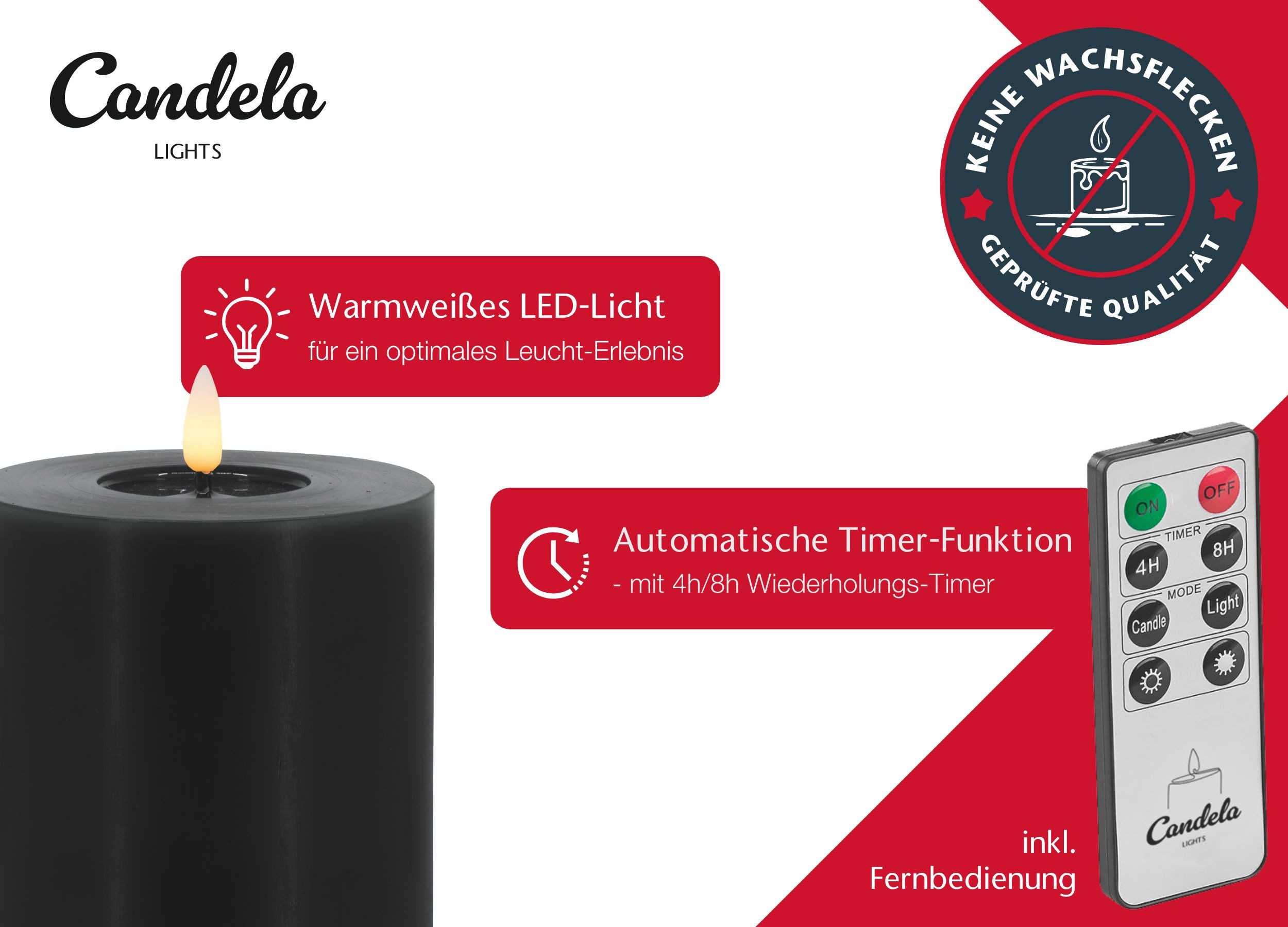 LC Home LED-Kerze Candela Lights LED Kerzen 4er Set Stumpenkerze inkl. Kerzenteller