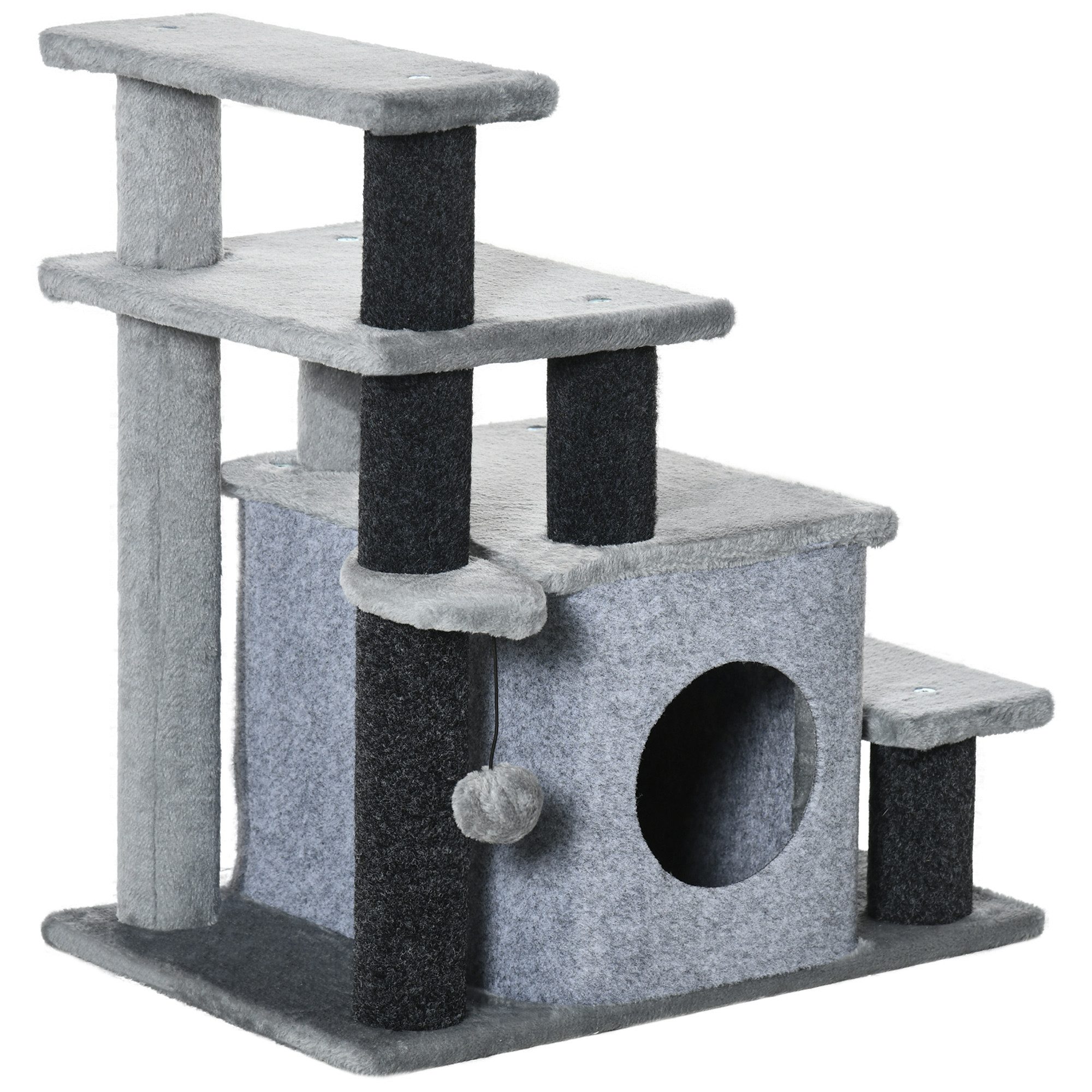 furnicato Katzen-Kletterwand Katzentreppe 60L x 40B x 66H cm in Grau für ältere Katzen, Höhenverstellbare Tiertreppe mit Kratzbaum und integriertem Katzenhaus