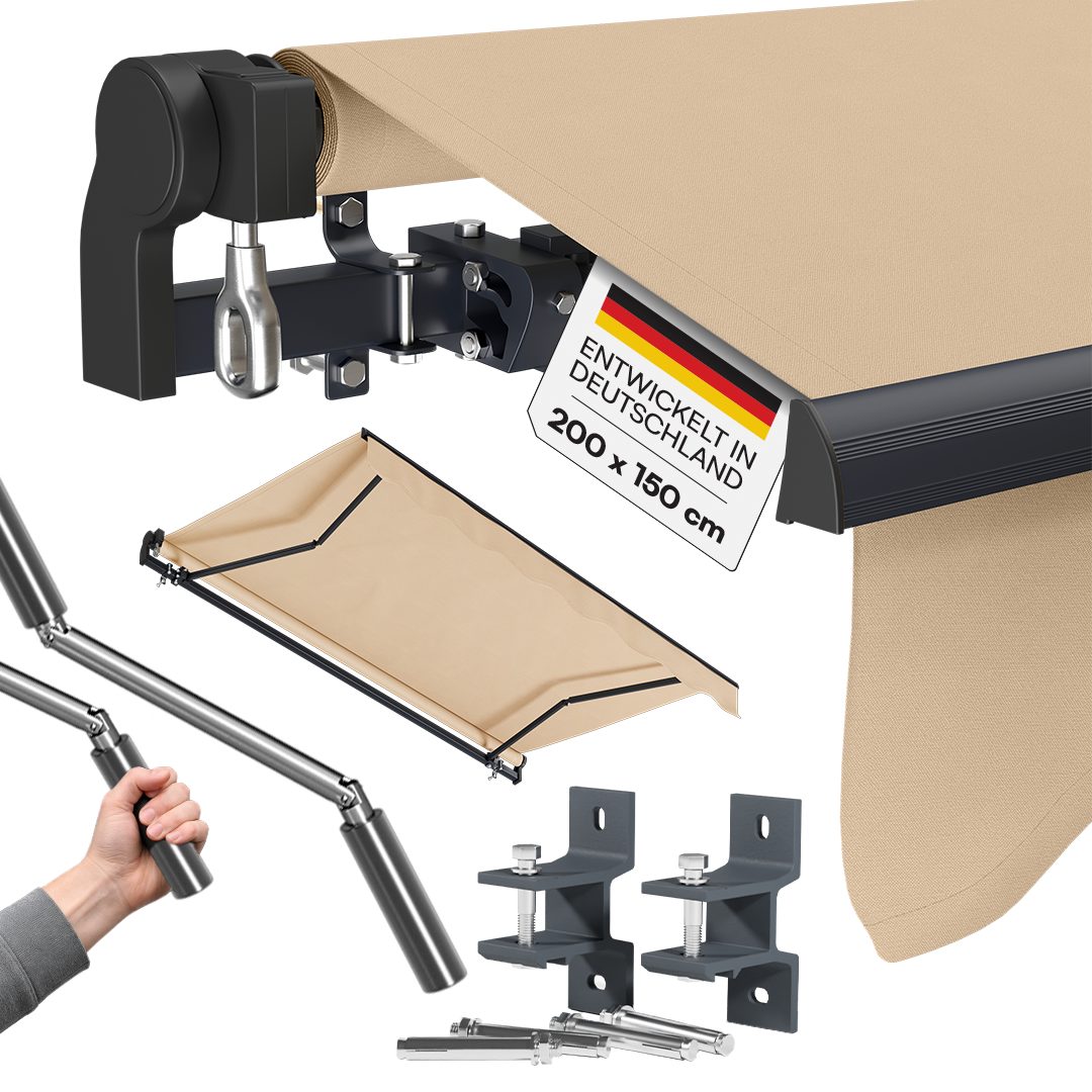 STEELSØN Gelenkarmmarkise Kestria wetterfest & blickdicht (200x150 cm, beige) mit Aluminium-Kassette & Wandhalterung, langlebiges Kunstftoffgewebe