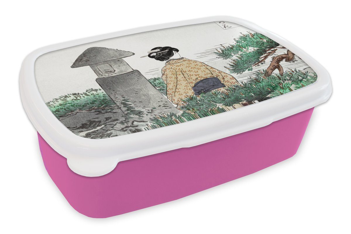 MuchoWow Lunchbox Frau - Japan - Natur - Kimono, Kunststoff, (2-tlg), Brotbox für Erwachsene, Brotdose Kinder, Snackbox, Mädchen, Kunststoff rosa