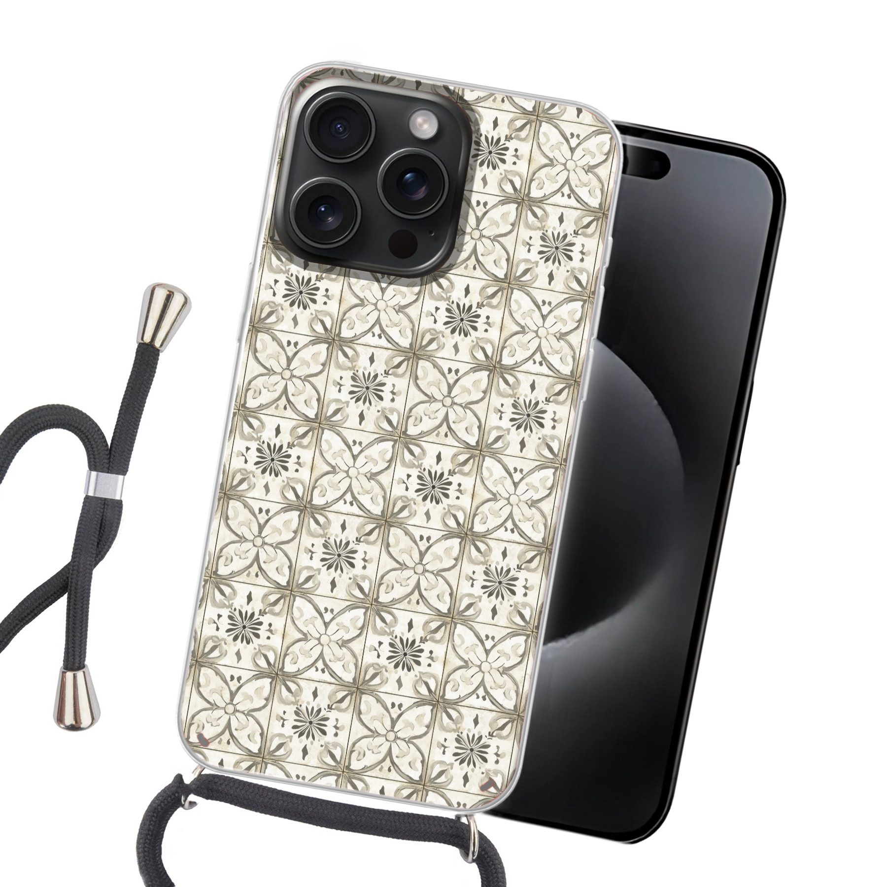 MuchoWow Handyhülle für Apple iPhone 15 Pro Max Antik - Fliese - Beige, Tragbare Handyhüllen mit Kette zum umhängen, Handykette Handyband
