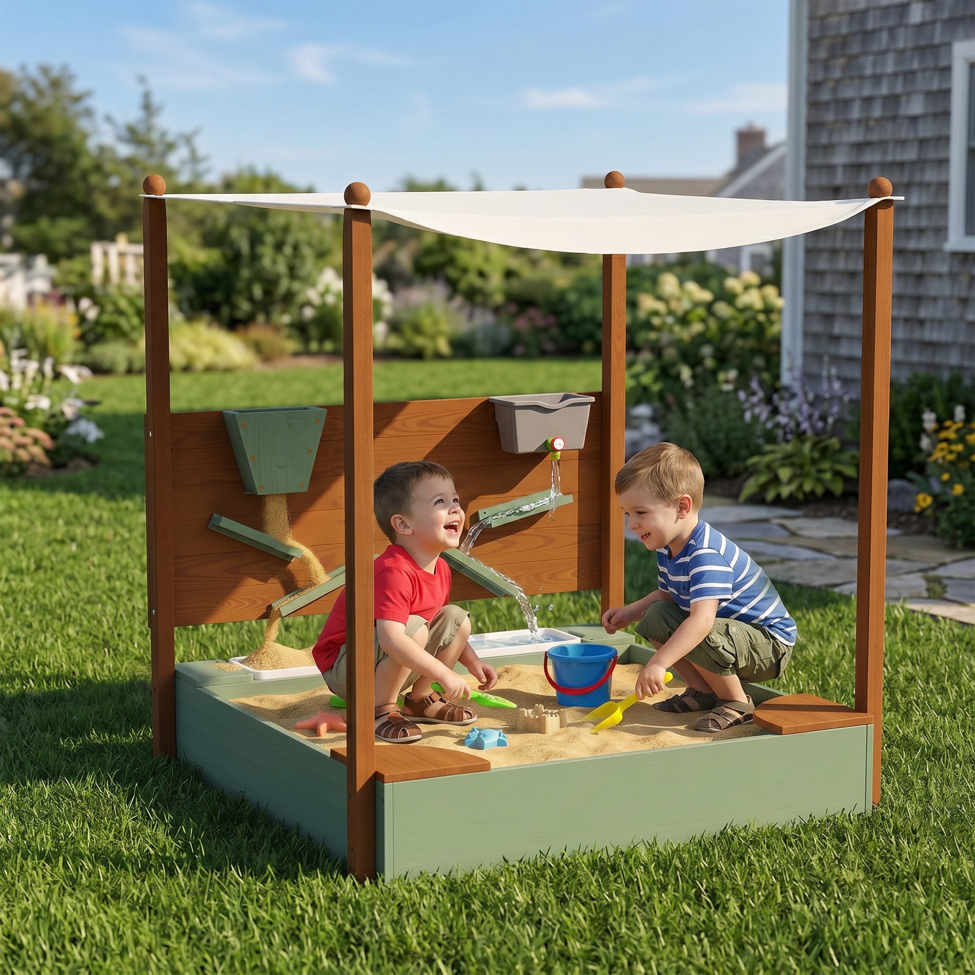 AIYAPLAY Sandkasten mit Sitzfläche, 2 Behältern, Sand- und Wasserspielzeug, Eimer, (Sandkiste aus Holz, 1-tlg., 116 x 112,5 cm Sandbox mit Dach), für 3-6 Jahre Kinder Grün