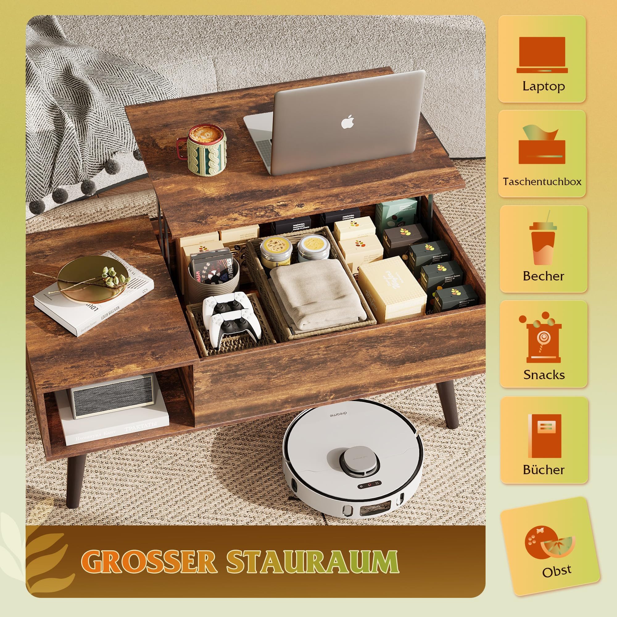WLIVE Couchtisch höhenverstellbar mit Stauraum, Lift-Top Wohnzimmertisch 100×50×41-57cm (Packung, Lift-Top-Design), Holzoptik & Metallrahmen, für Wohnzimmer Bür – Bild 5 von 5