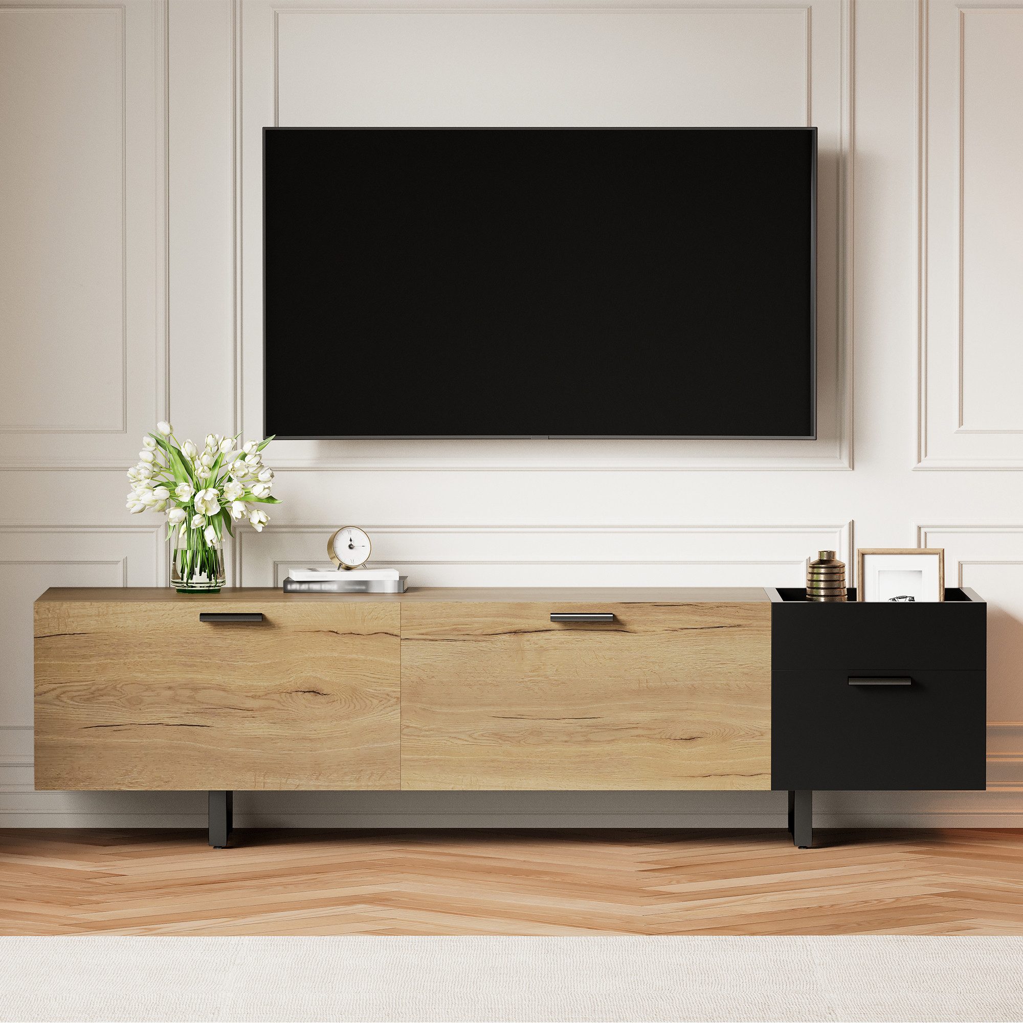 KLAM HOME Lowboard Lowboard Moderner TV-Schrank Media-Center (Naturholz-Schwarz mit LED Beleuchtung & Versteckten Griffen), 180x38x49cm Stauraum für Wohnzimmer Home-Office
