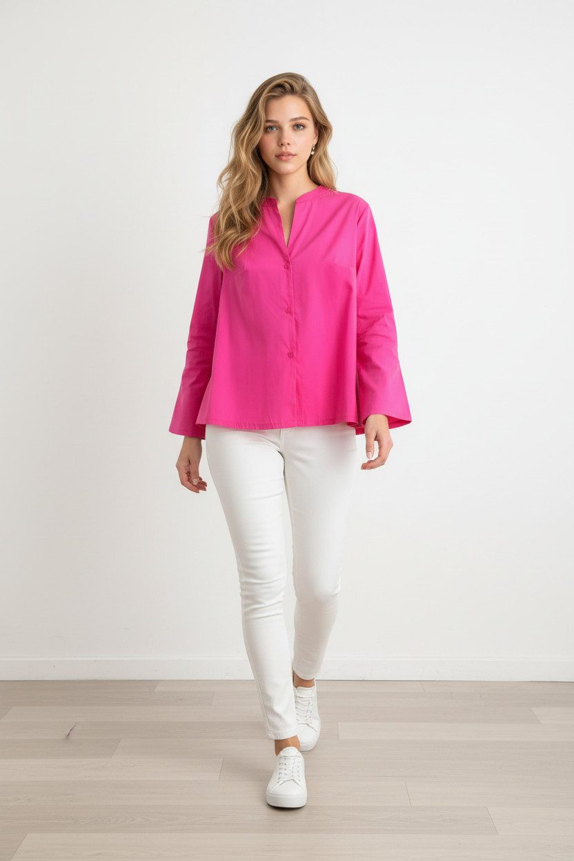 Zuckerwatte Langarmbluse A-Linie mit V-Ausschnitt aus Baumwollstretch