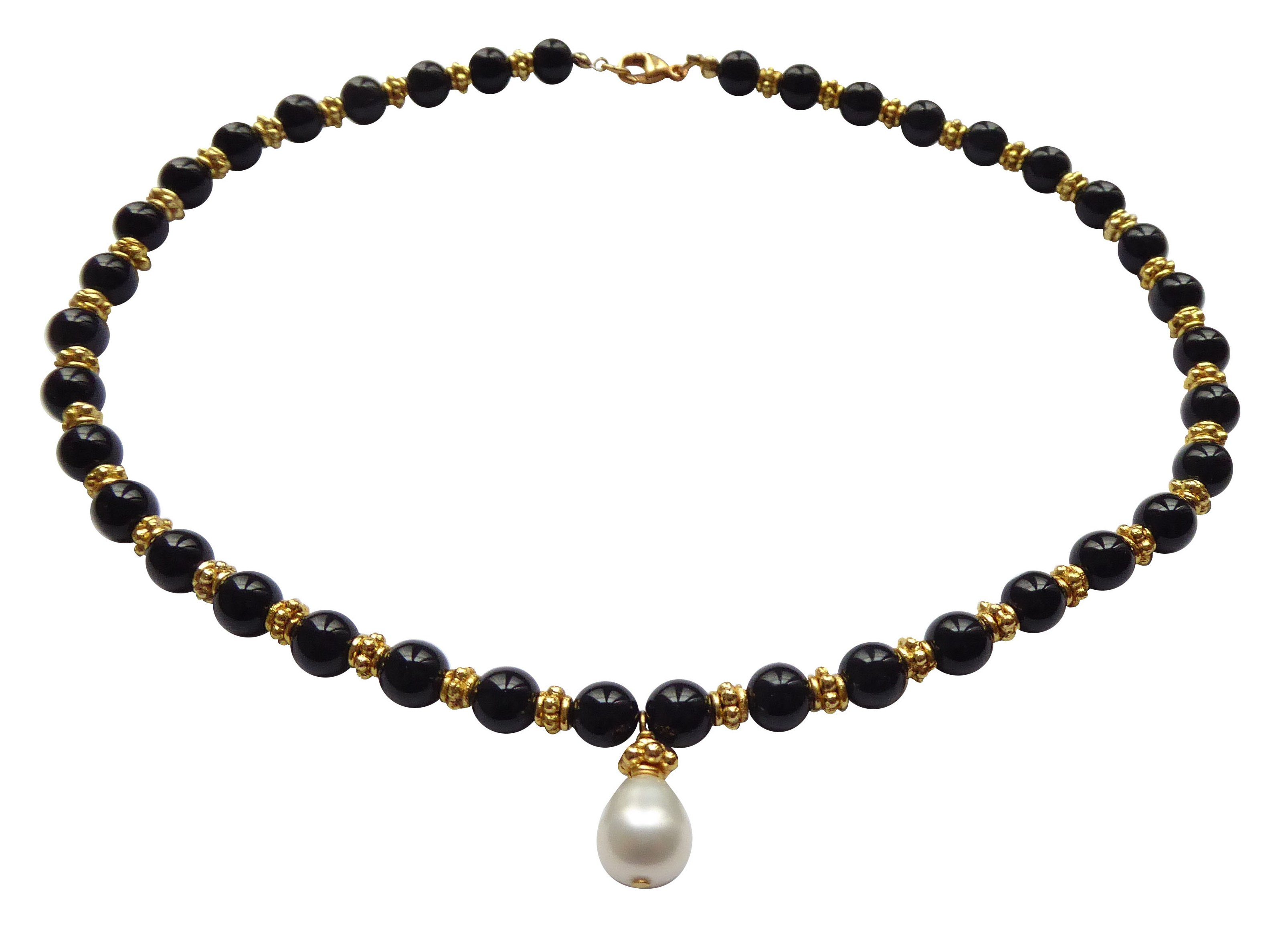 Damen Schmuck Mugello Perlenkette Kette Giuditta Collier Onyx Süßwasser-Perle Vintage, Handarbeit aus Italien