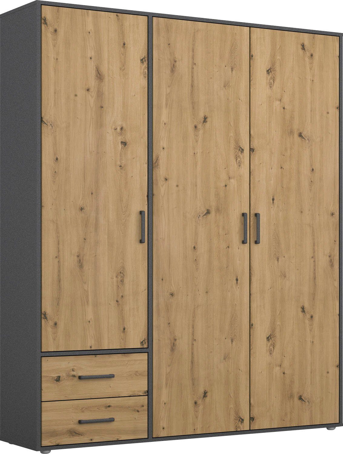 rauch Drehtürenschrank Kleiderschrank Schrank Garderobe Wäscheschrank VOYAGER (in 3 verschiedenen Ausstattungen BASIC/CLASSIC/PREMIUM) moderne Griffe in Graumetallic mit Außenschubkästen MADE IN GERMANY