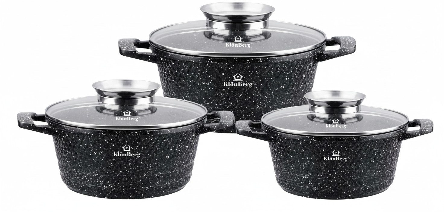 KlönBerg Topf-Set Töpfe mit neuem Design und Steinbeschichtung in 3 verschiedenen Größen, Aluminiumguss, Aluminium (Dieses Topf-Set vereint modernes Design, höchste Qualität und praktische Funktionen – ein unverzichtbarer Helfer für jede Küche!, 6-tlg., Das ideale Geschenk für jede Gelegenheit praktisch und elegant)