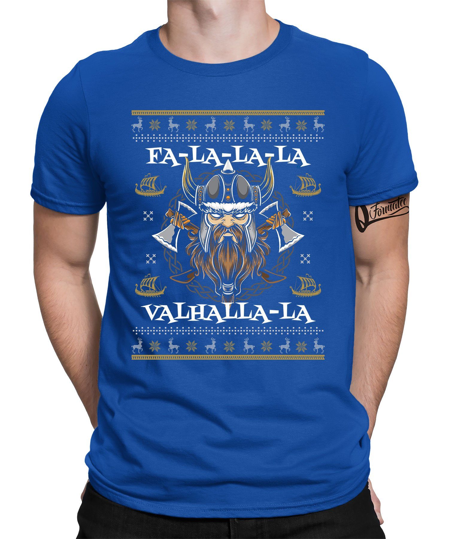 Quattro Formatee Kurzarmshirt Fa-La-La-La Valhalla Wikinger - Weihnachten X-mas Weihnachtsgeschenk (1-tlg) Blau