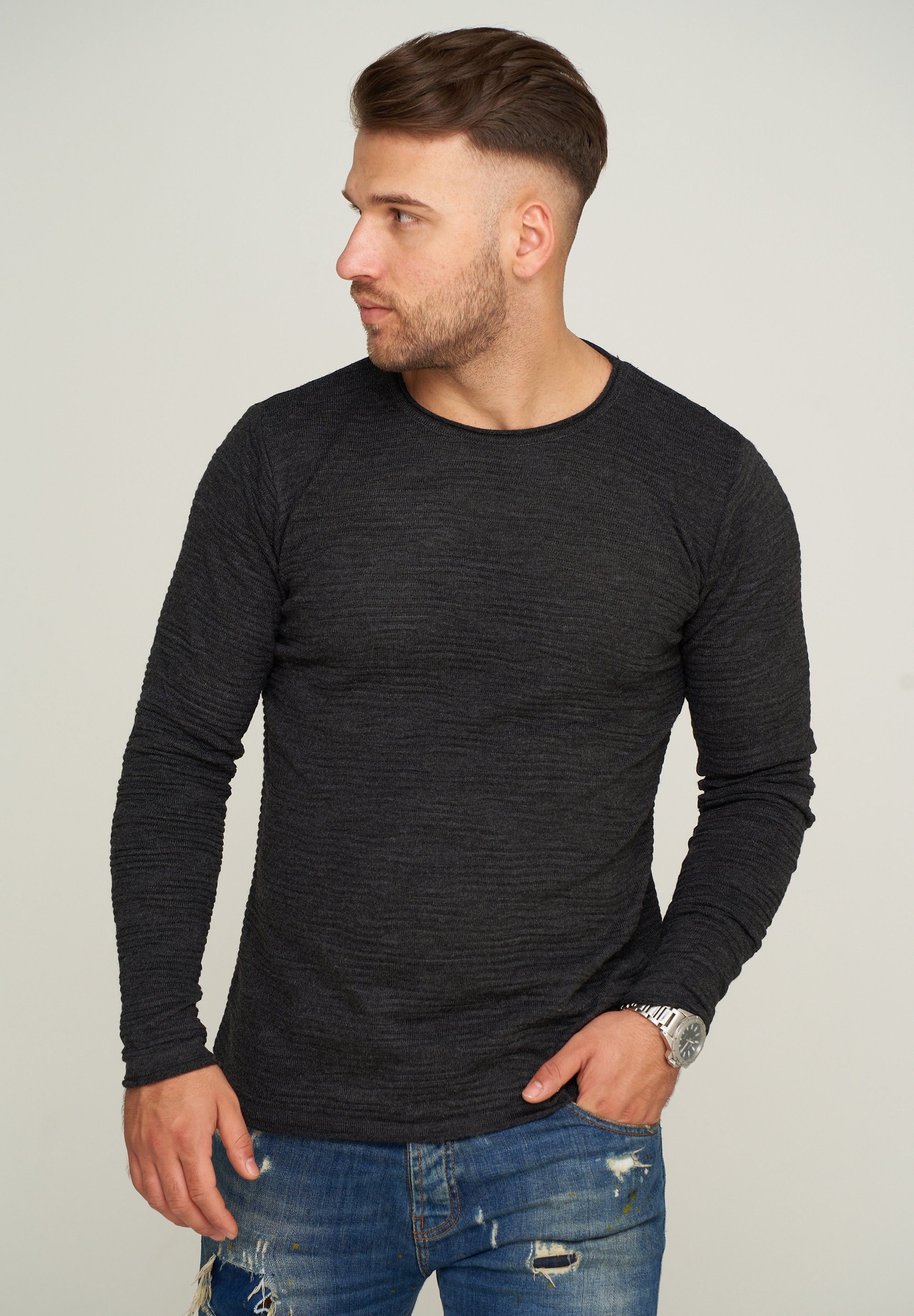 behype Langarmshirt MKBASE90 mit dezentem Muster dunkelgrau