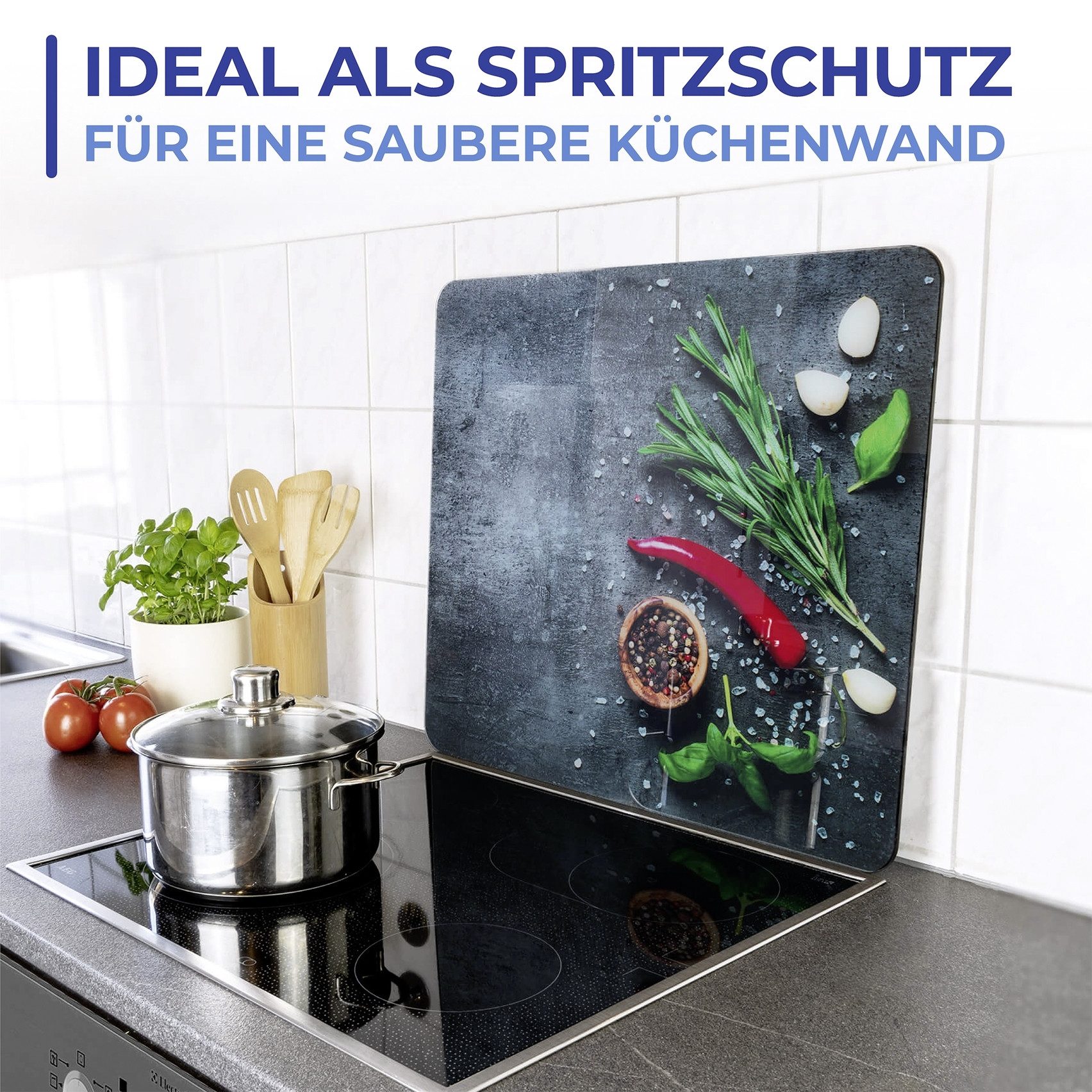 Maximex Schneide- und Abdeckplatte Modell Rosmarin, Glas, Spritzschutz, Herdblende, Schneidbrett, für Glaskeramik-Kochfelder