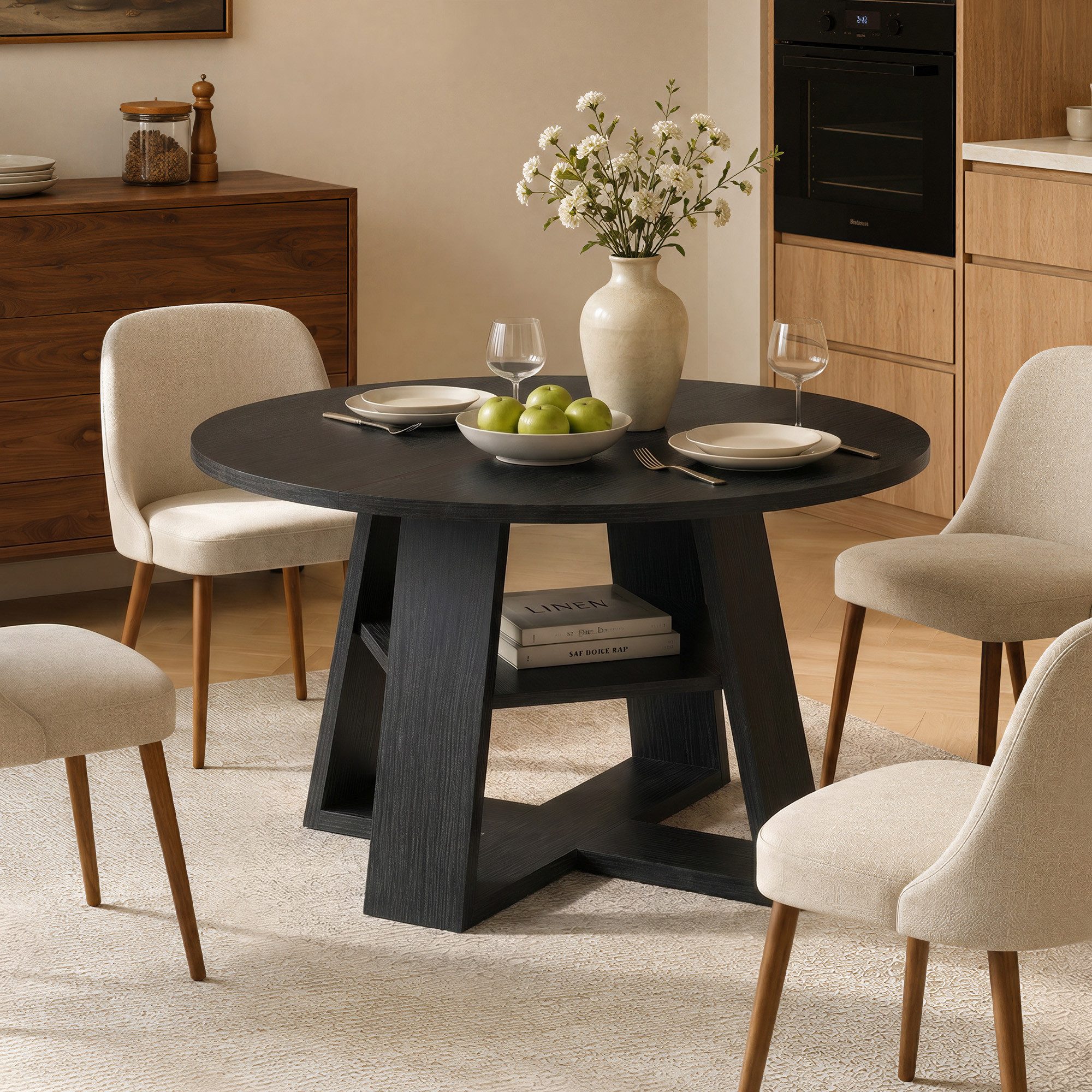 HawthyHome Esstisch aus Holz mit Ablagefach & X-förmigem Metallgestell, runder (1-St), mit Ablagefach & X-förmigem Metallgestell
