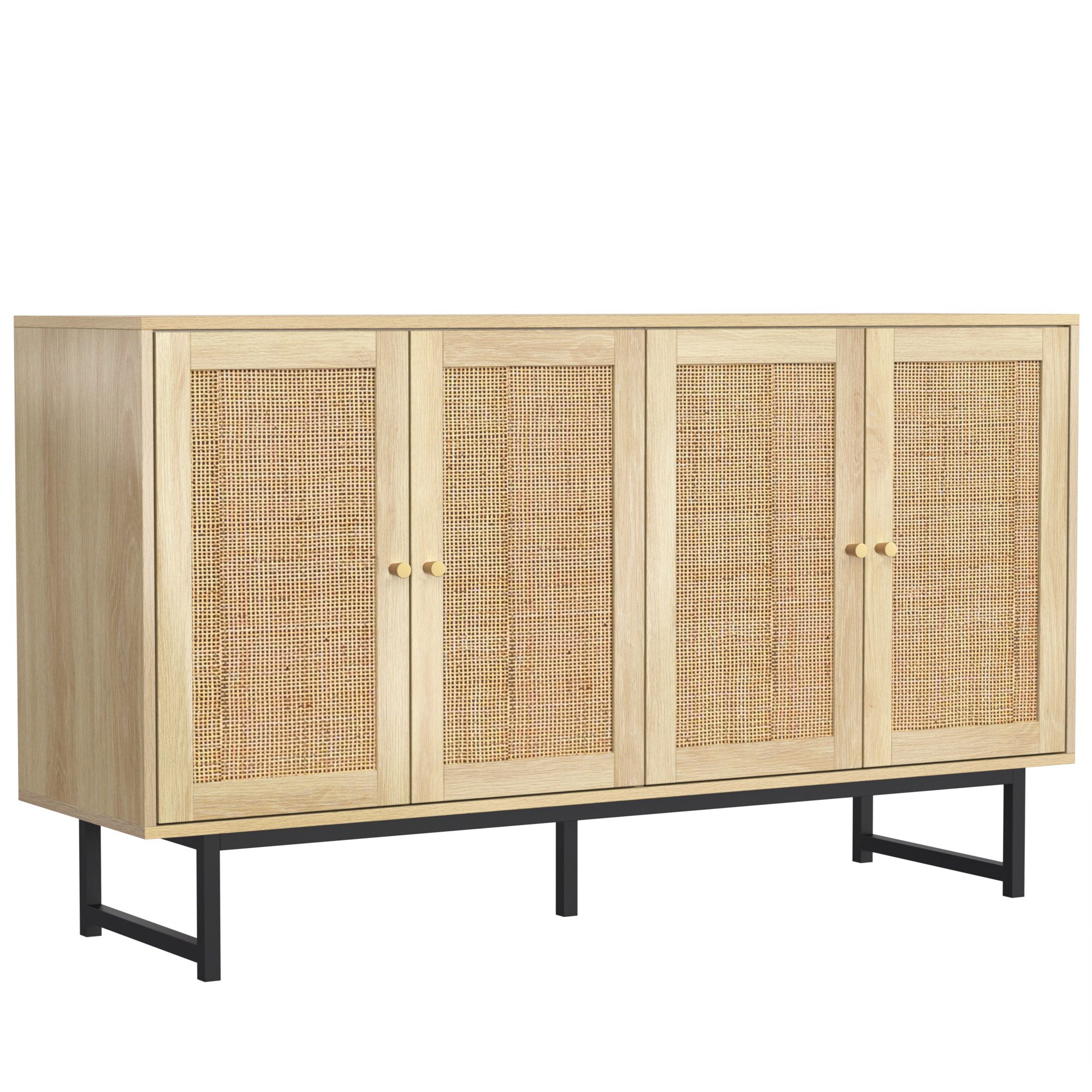 IDEASY Sideboard Sideboard mit echtem Rattangeflecht, Landhausstil Anrichte, 4 Türen (Bodenhöhe 18 cm, geeignet für Kehrroboter), Goldfarbener Griff, schwarze Metallfüße, 50 kg Tragfähigkeit