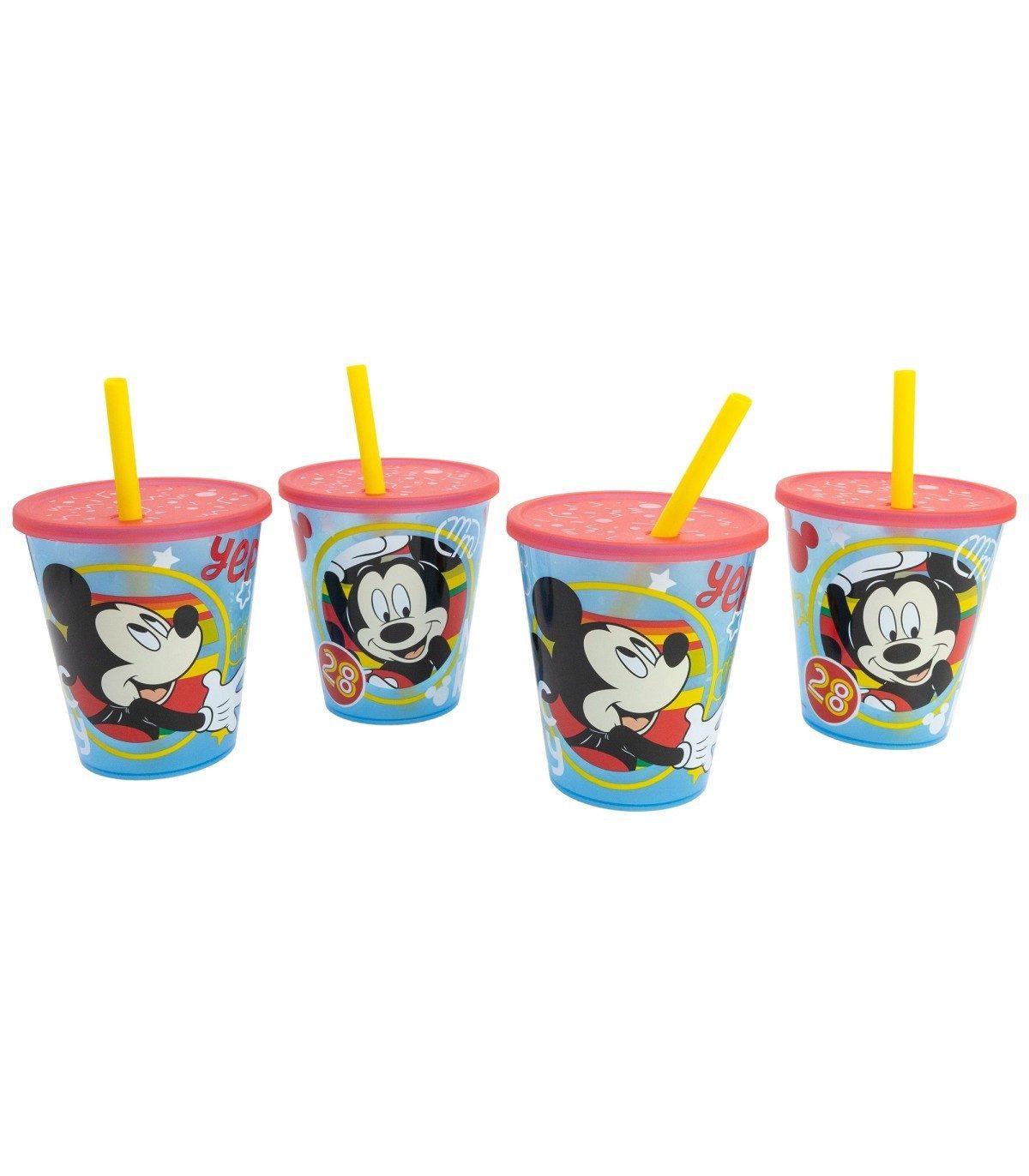 Disney Mickey Mouse Becher Kinder Becher Set 4 teilig 285 ml Becher mit Trinkhalm, 4-tlg.
