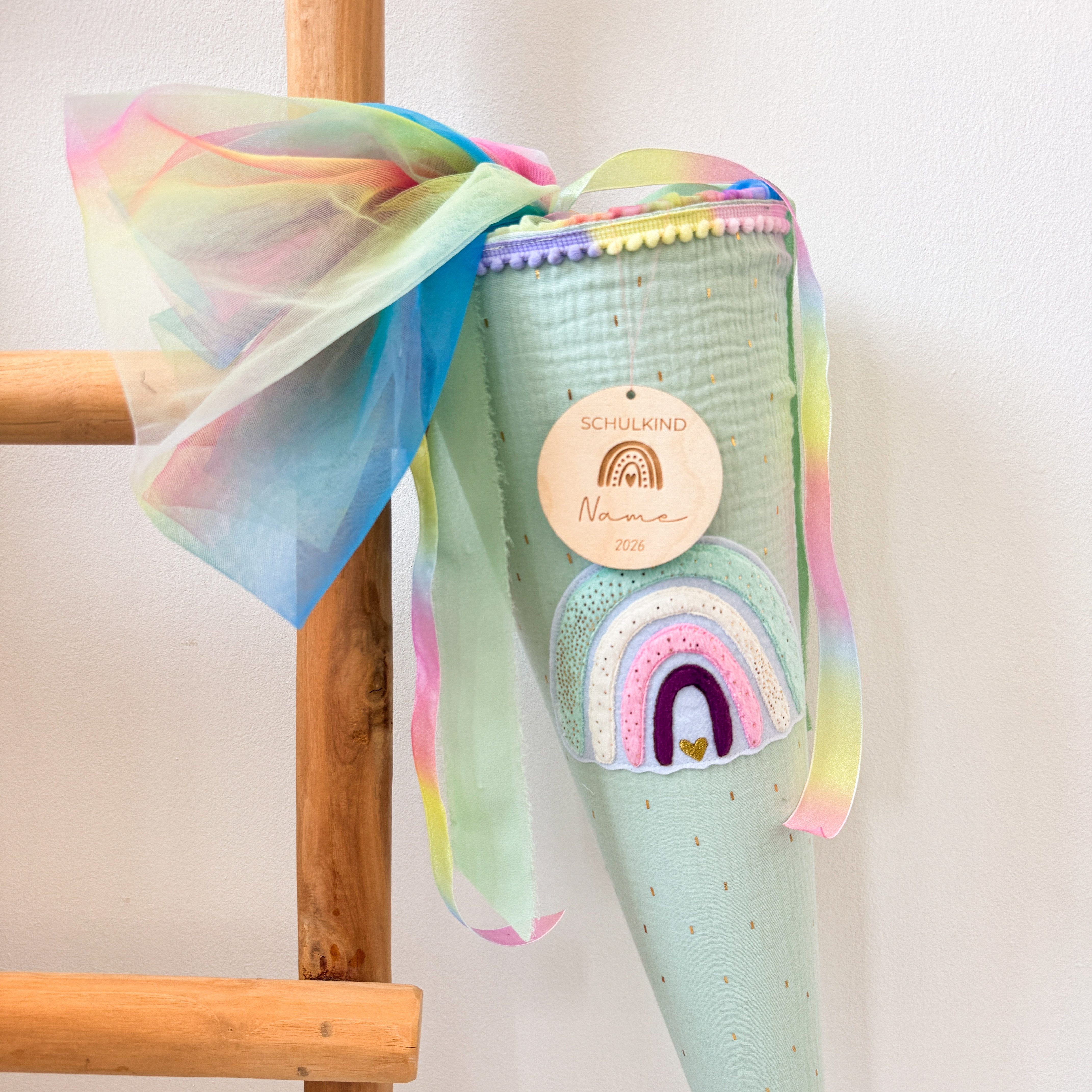 LittleANTunique Schultüte SCHULTÜTE ZUCKERTÜTE MINT GLITZER RAINBOW, Mit Namen personalisierbar