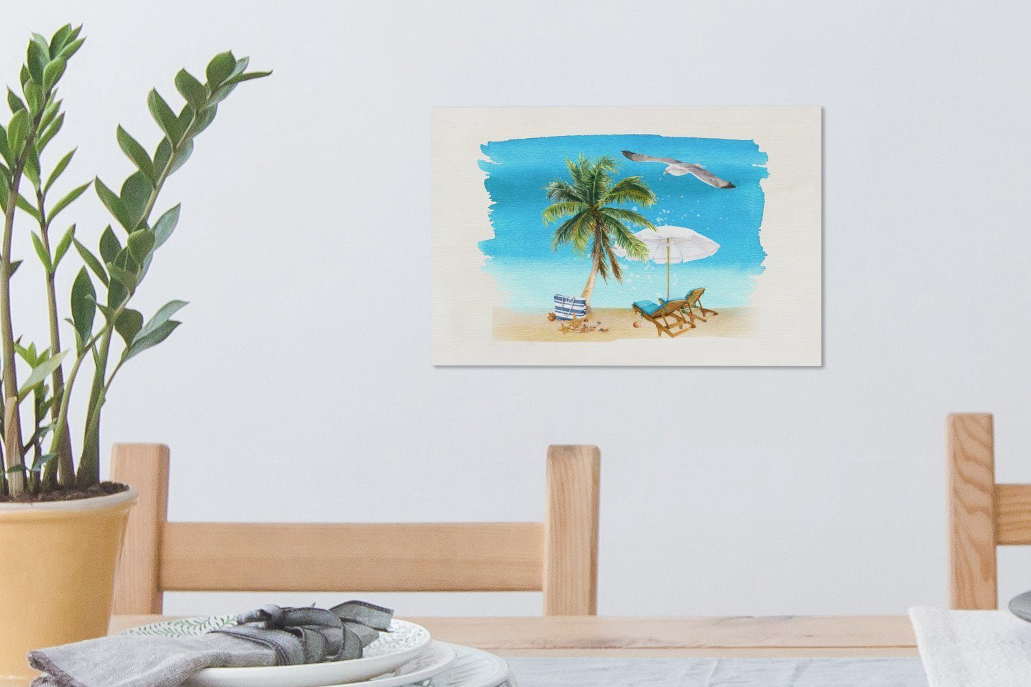 Palmen Strand, St), Wanddeko, 30x20 Strandkorb cm - (1 Sonnenschirm Aufhängefertig, - - Wandbild Leinwandbilder, OneMillionCanvasses® Leinwandbild