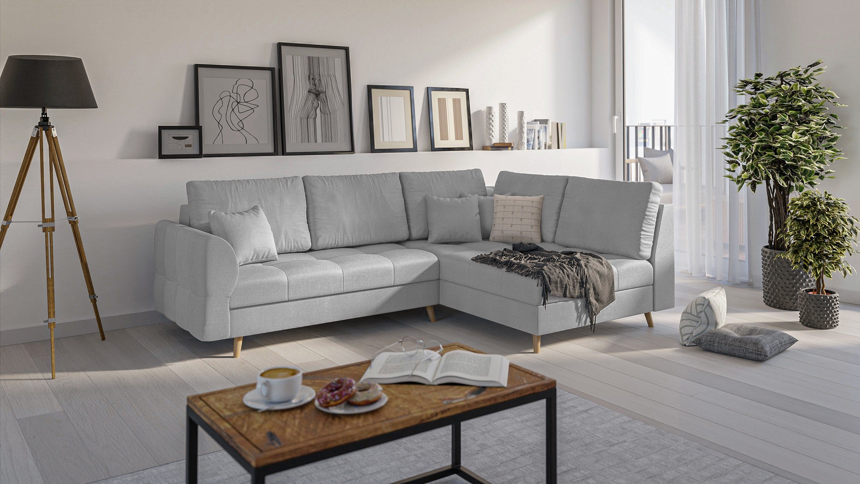 S-Style Möbel Ecksofa Cuba mit Holzfüßen im skandinavischen Stil, Ottomane links oder rechts bestellbar, mit Wellenfederung