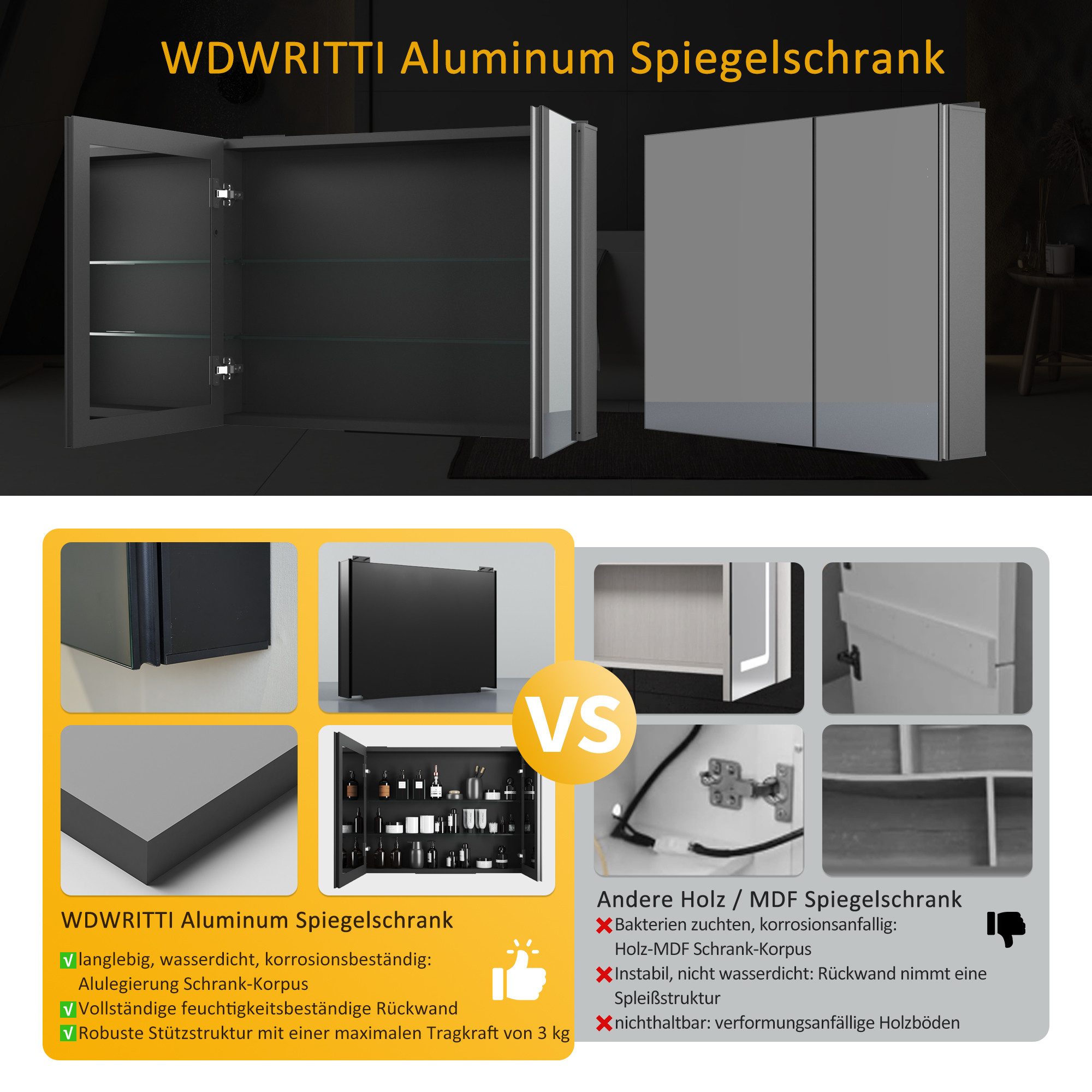 WDWRITTI Badezimmerspiegelschrank Aluminium Spiegelschrank Bad Schwarz 2-türig Eckig 80x13,5x60cm (Badschrank Wandschrank Eckig, 2-türig) vormontiert geliefert, Doppelseitiger Spiegel, Verstellbare Glasböden