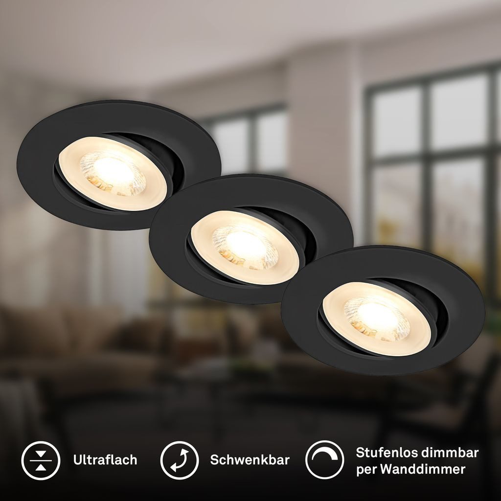 Briloner Leuchten LED Einbaustrahler LED Einbaustrahler 3er Set Dimmbar Schwenkbar, LED fest integriert, 3000K - Warmweiß, 90x24 mm, Wohnzimmer, Flur