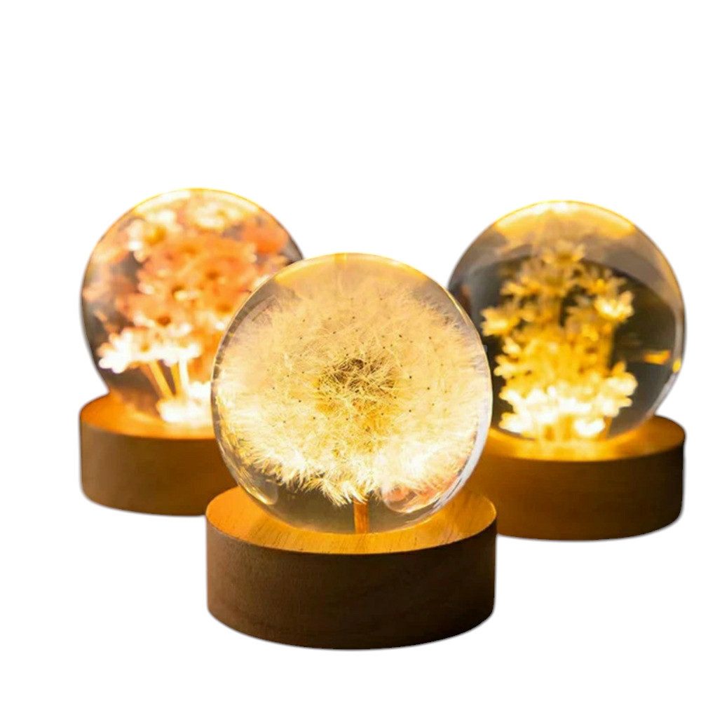 Little Lorien Nachtlicht Blume in kunstharz handwerk Kugel mit Holzsockel aus Buchenholz, Gelb