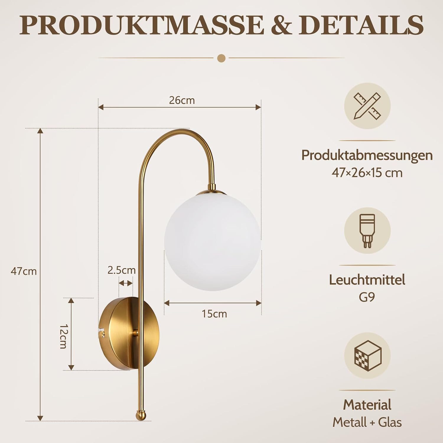 ZMH Wandleuchte innen Gold G9 Modern Wandlampe Glas Schlafzimmer Flur, ohne Leuchtmittel, Ø47cm, Metall & Glas, max. 5 W, für Schlafzimmer Wohnzimmer – Bild 5 von 5