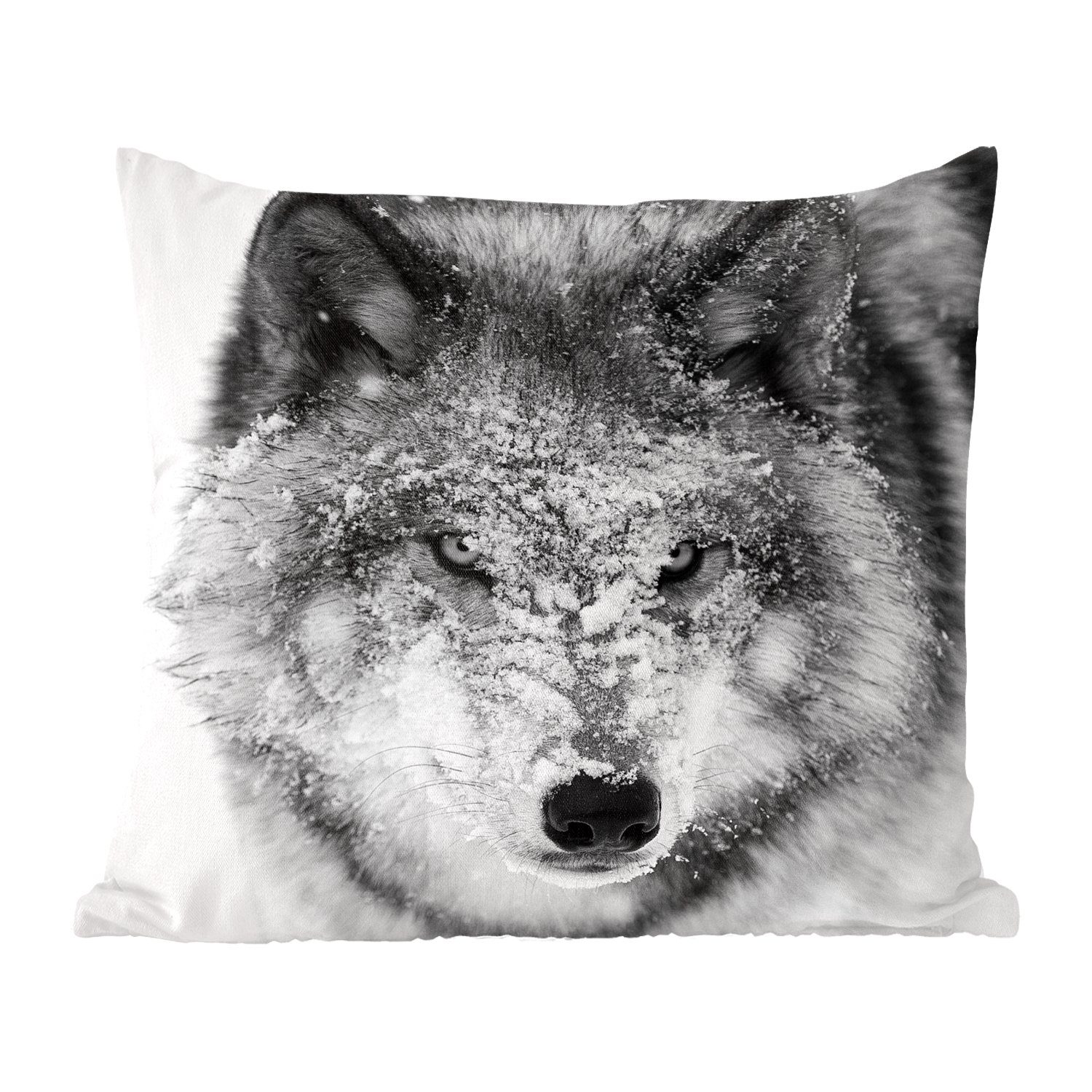 MuchoWow Dekokissen Wolf mit verschneitem Sofakissen in Schlafzimmer, Wohzimmer, mit für Zierkissen Deko, Füllung Kopf schwarz-weiß