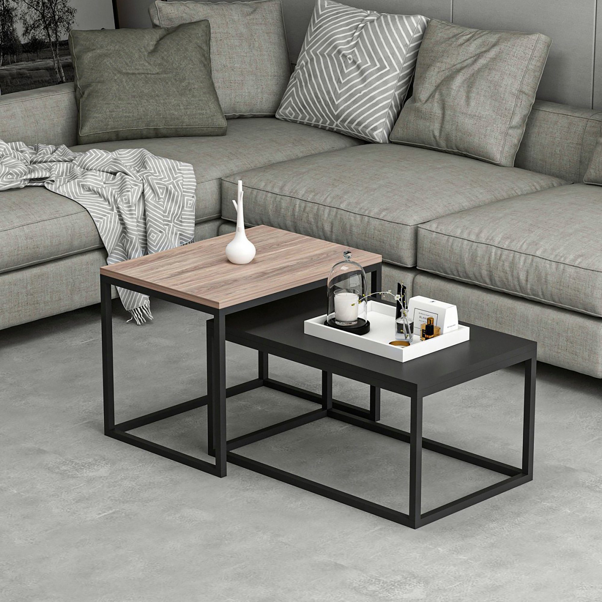 en.casa Satztisch, Aabenraa Couchtisch 2er Set, Metallgestell, Eiche-Optik/Schwarz