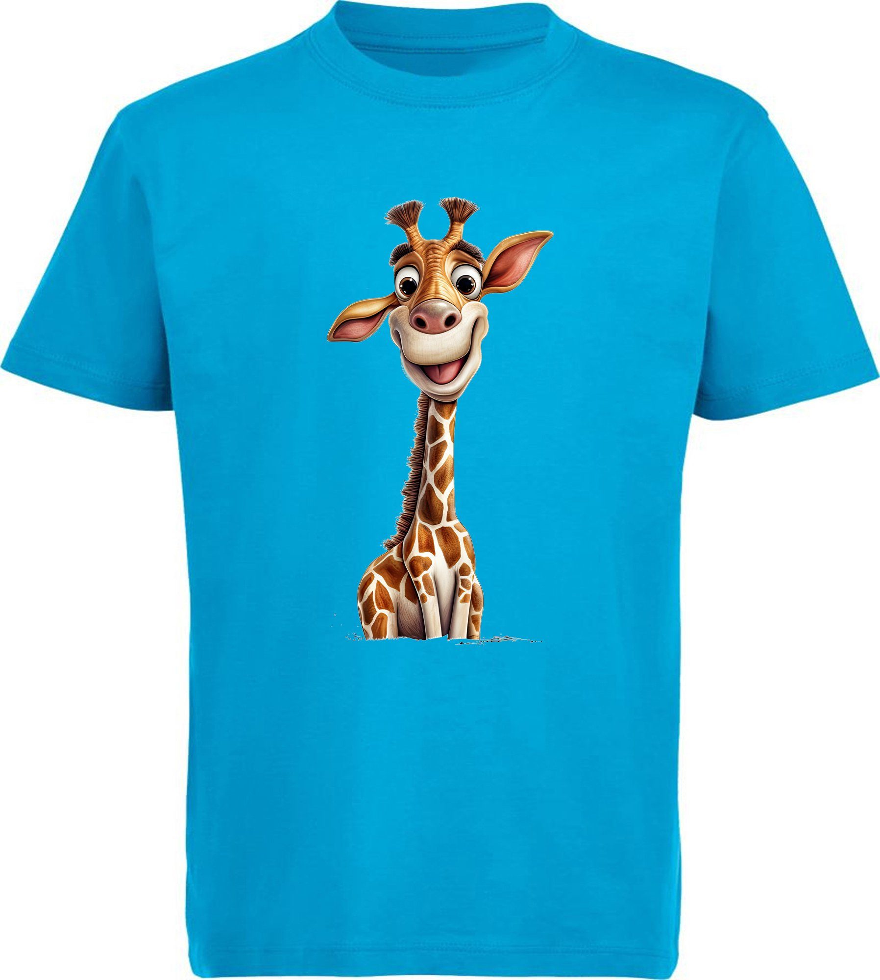 MyDesign24 T-Shirt Kinder Wildtier Print bedruckt aqua blau Baumwollshirt Aufdruck, - Giraffe mit Baby i273 Shirt