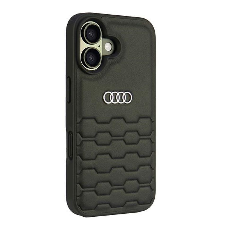 Audi Handyhülle iPhone 16 Kunstleder schwarz Logo Metall 6,1 Zoll, Kantenschutz