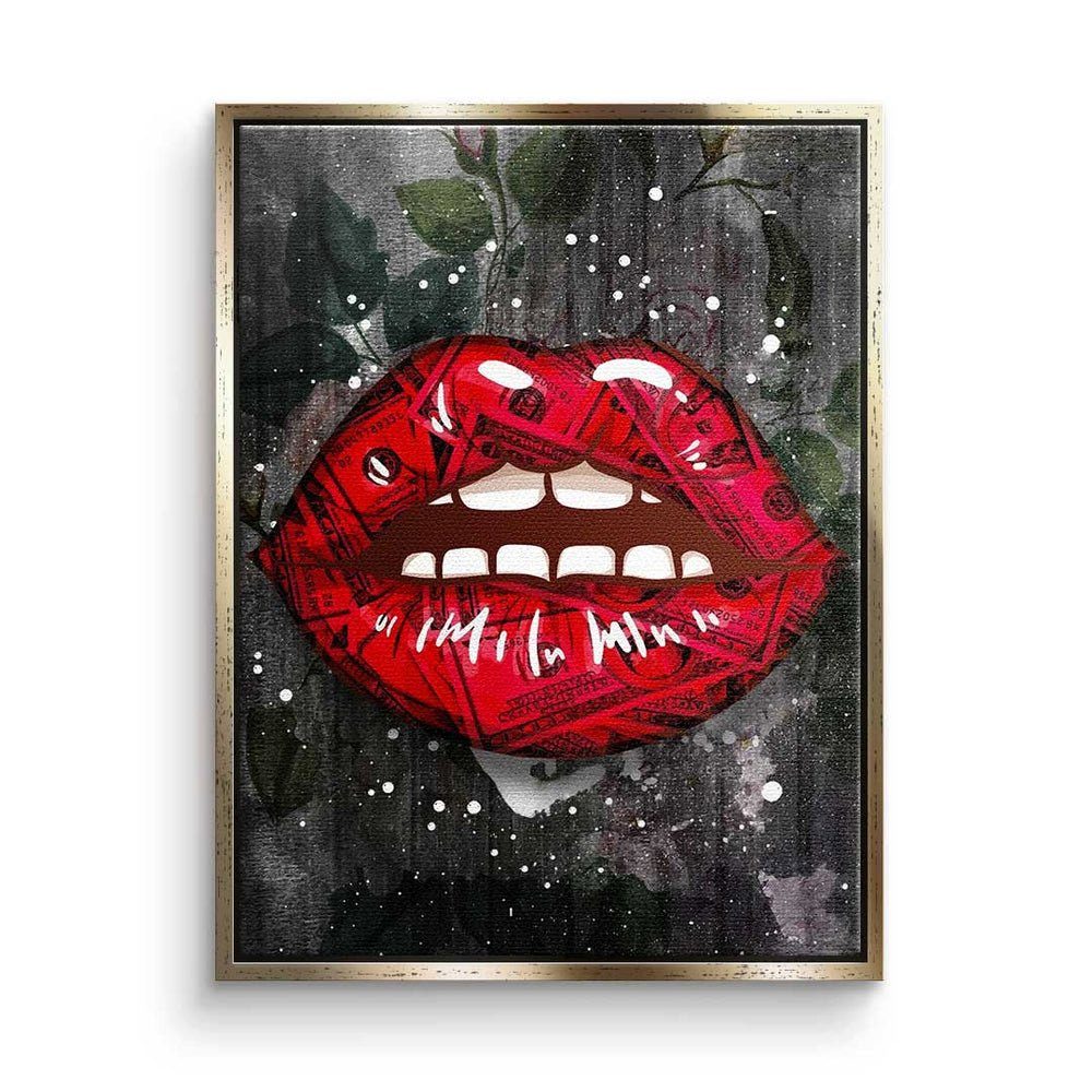 DOTCOMCANVAS® Leinwandbild, Premium Leinwandbild - Pop Art - Modern Kiss - Geld - Erfolg goldener Rahmen