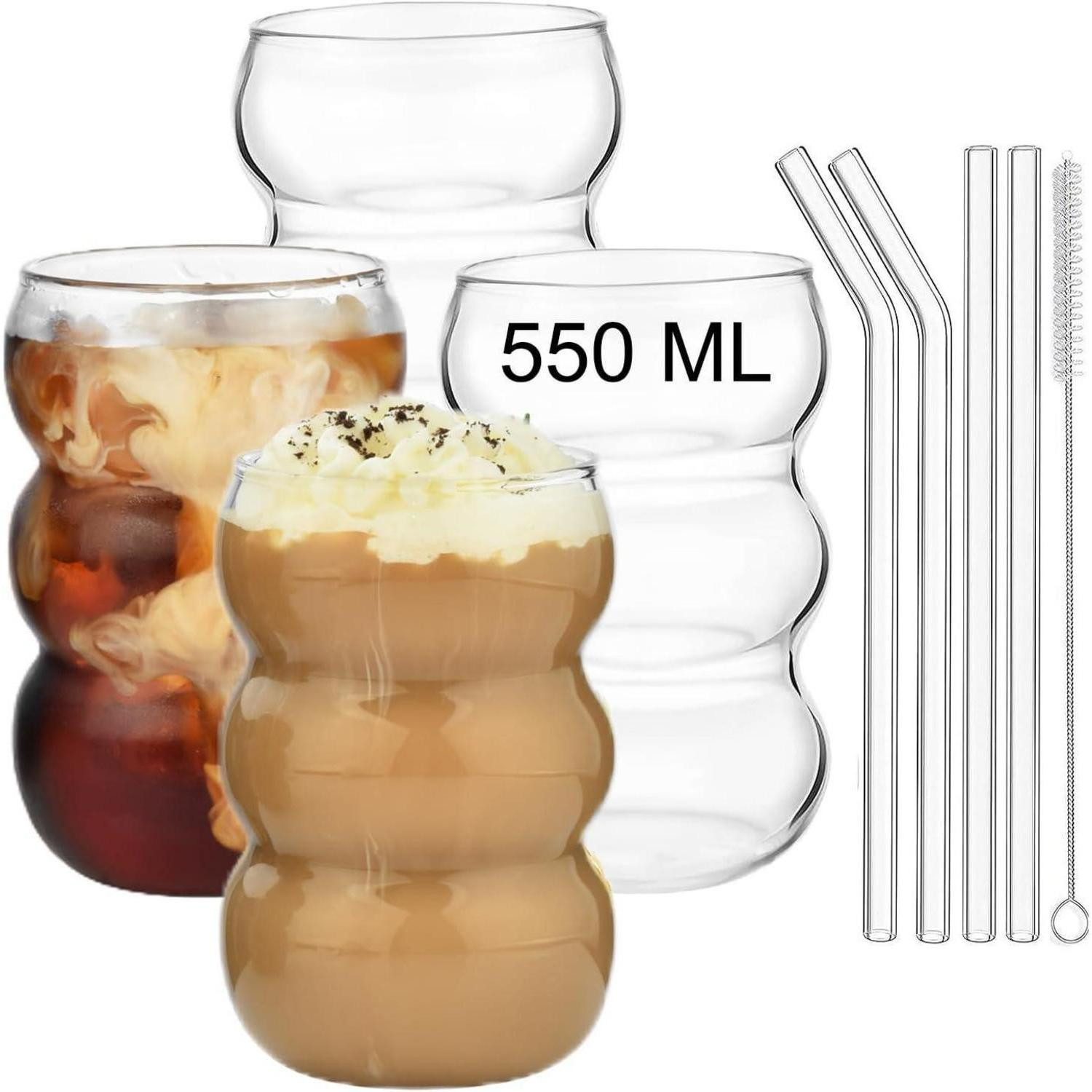 LuxusKollektion Gläser-Set Trinkgläser Set 4er geripptes Glas 550ml Wave Latte Macchiato