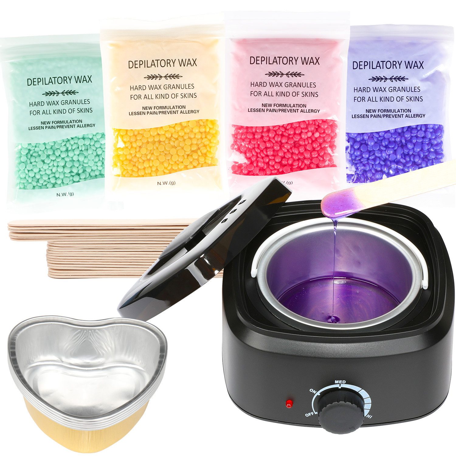 WILGOON Haarentfernungsgerät Wachswärmer Set, Haarentfernung Waxing Kit mit 4X100g Wachsperlen, 29-tlg. Set inkl. 4 Wachsbohnen & 20 Spatel für Präzision, 20 Holzspateln, 5 x Aluminiumfolienschale, für Gesicht, Bikini, Bein