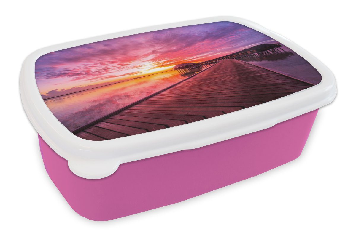 MuchoWow Lunchbox Steg - Wasser - Sonne - Rosa - Horizont, Kunststoff, (2-tlg), Brotbox für Erwachsene, Brotdose Kinder, Snackbox, Mädchen, Kunststoff