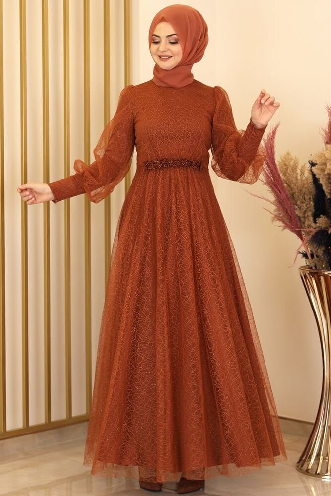 fashionshowcase Abendkleid silbriges Tüllkleid Abiye Abaya Hijab Kleid Maxikleid (SIMLI GAMZE) (ohne Hijab) Hoher Kragen, kein Ausschnitt.