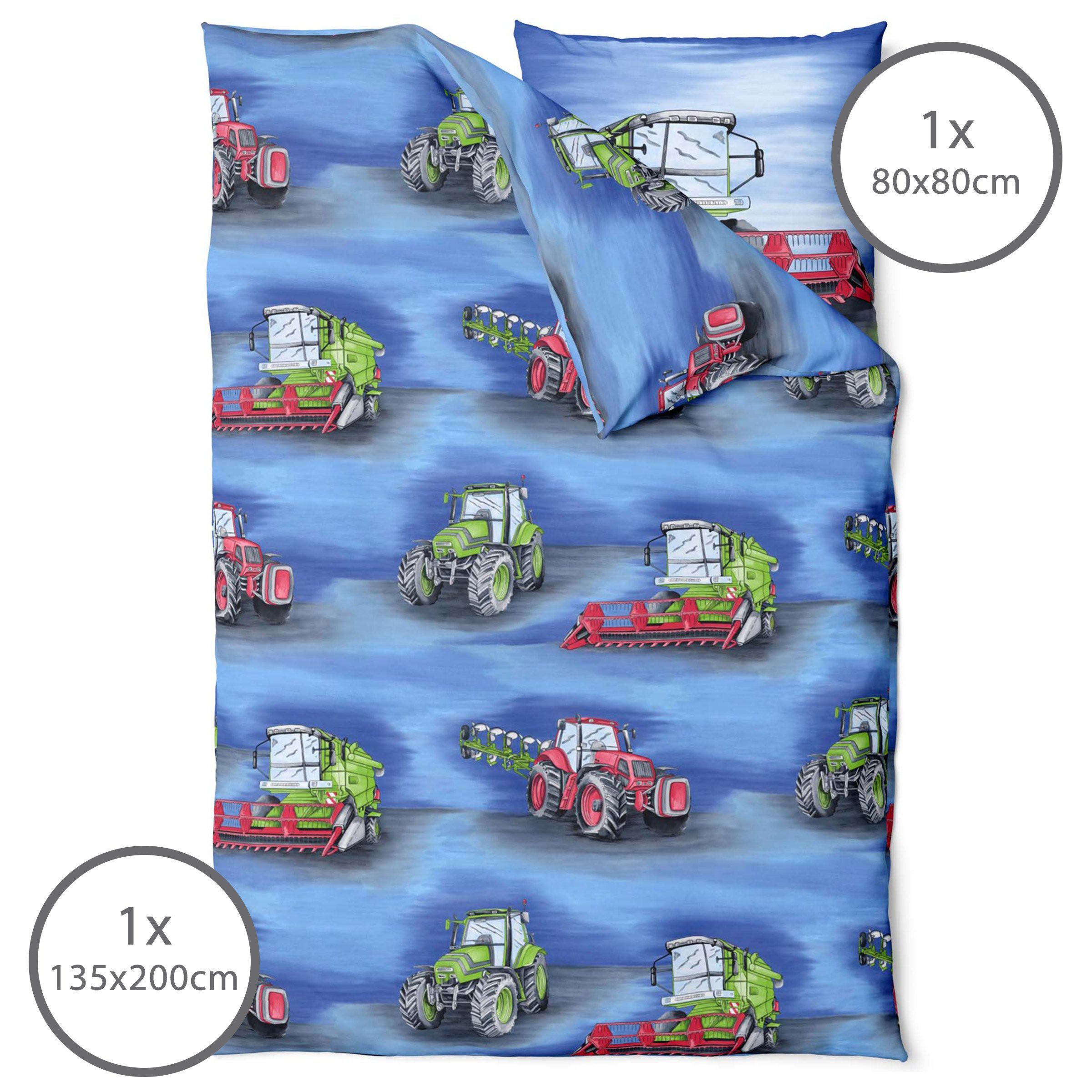 LINKHOFF Kinderbettwäsche Traktor Bettwäsche 135x200 für Jungen 2tlg. – Traktoren & Mähdrescher, Biber Bettwäsche-Set, Trecker Kinderbettwäsche, 100% Baumwolle – Bild 2 von 5