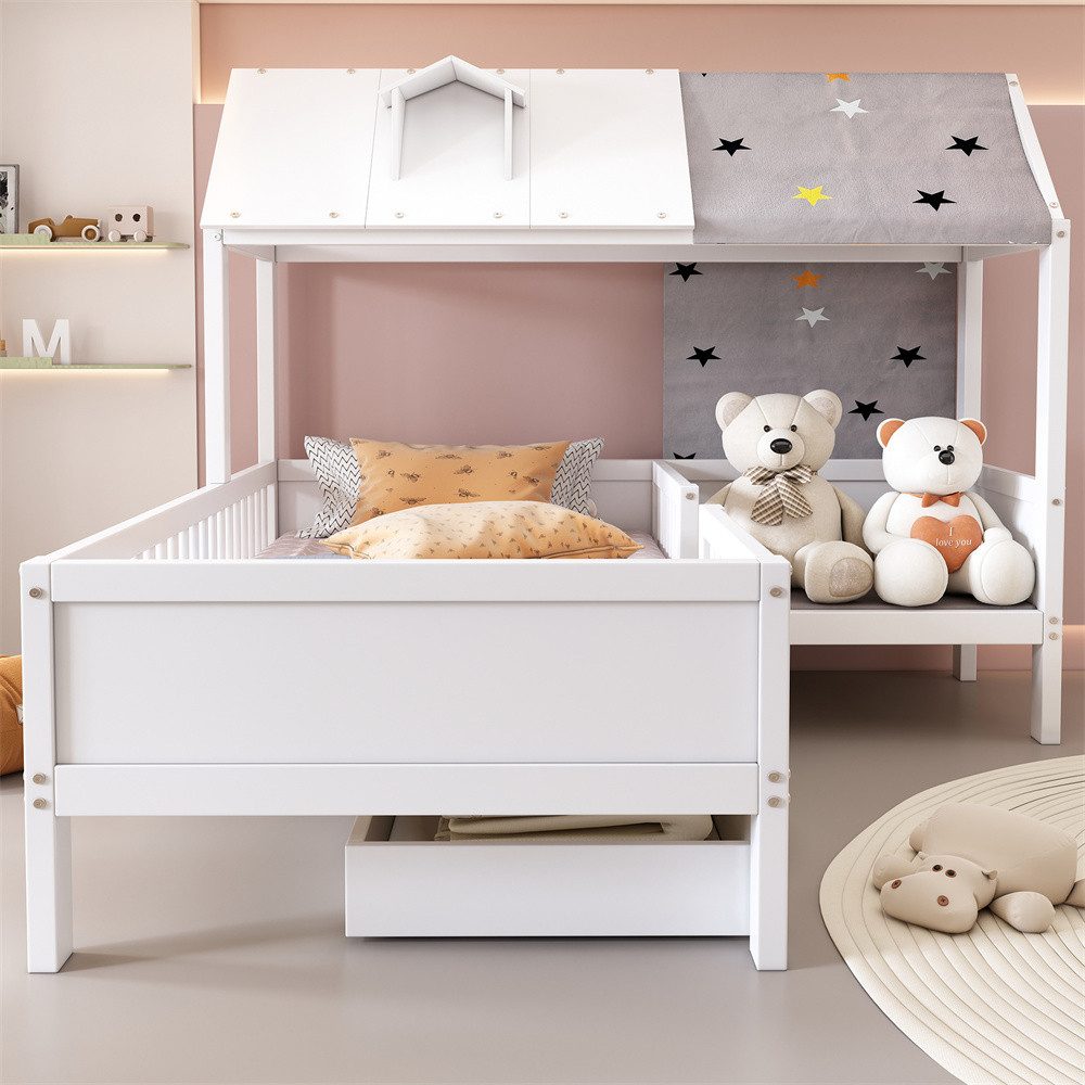 XDeer Einzelbett Hausförmiges Kinderbett aus Holz, Einzelbett, multifunktional, mit Zeltstoff & Kissen, Schubladen unten, ohne Matratze