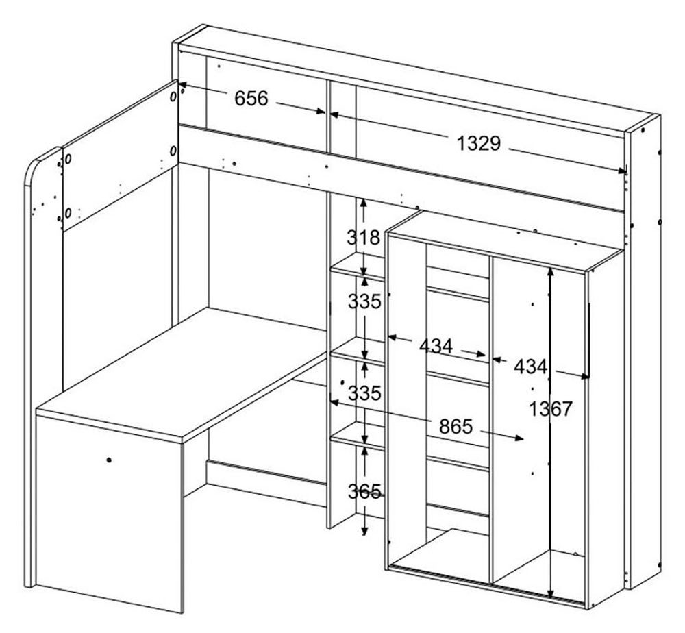Parisot Hochbett Higher, mit Schreibtisch, Schiebetürenschrank, Regale oben und unten (Liegefläche 90x200cm,Maße (B/H/T: 206/189/138 cm), Betthöhe ca. 140 cm) maximaler Stauraum, breite Trittstufen, toll für kleine Räume!