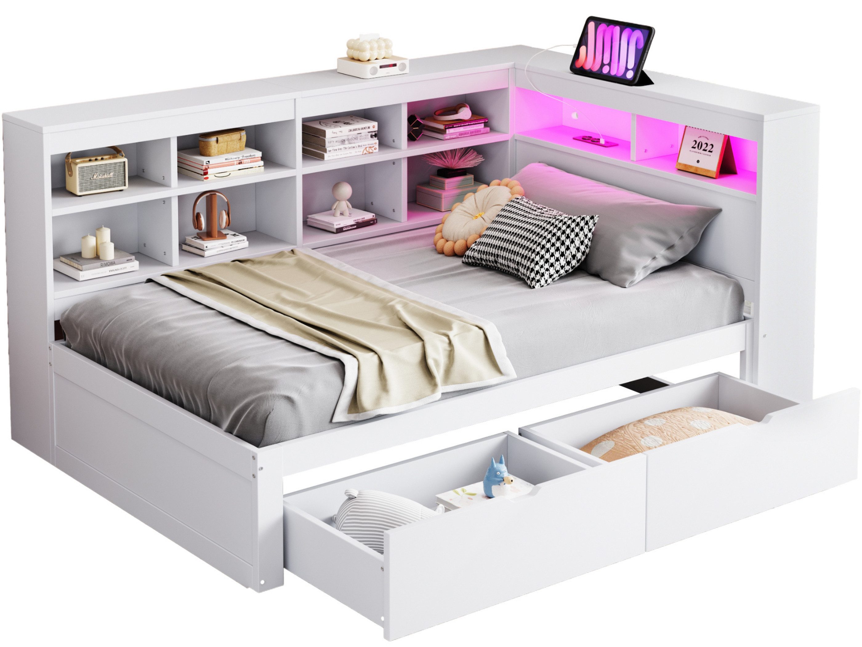 SeedWave Holzbett Modern LED Einzehlbett Stauraumbett mit 2 Rollen-Schubladen, 90×200cm, Inkl. 2 Steckdosen + 2 USB-Anschlüsse