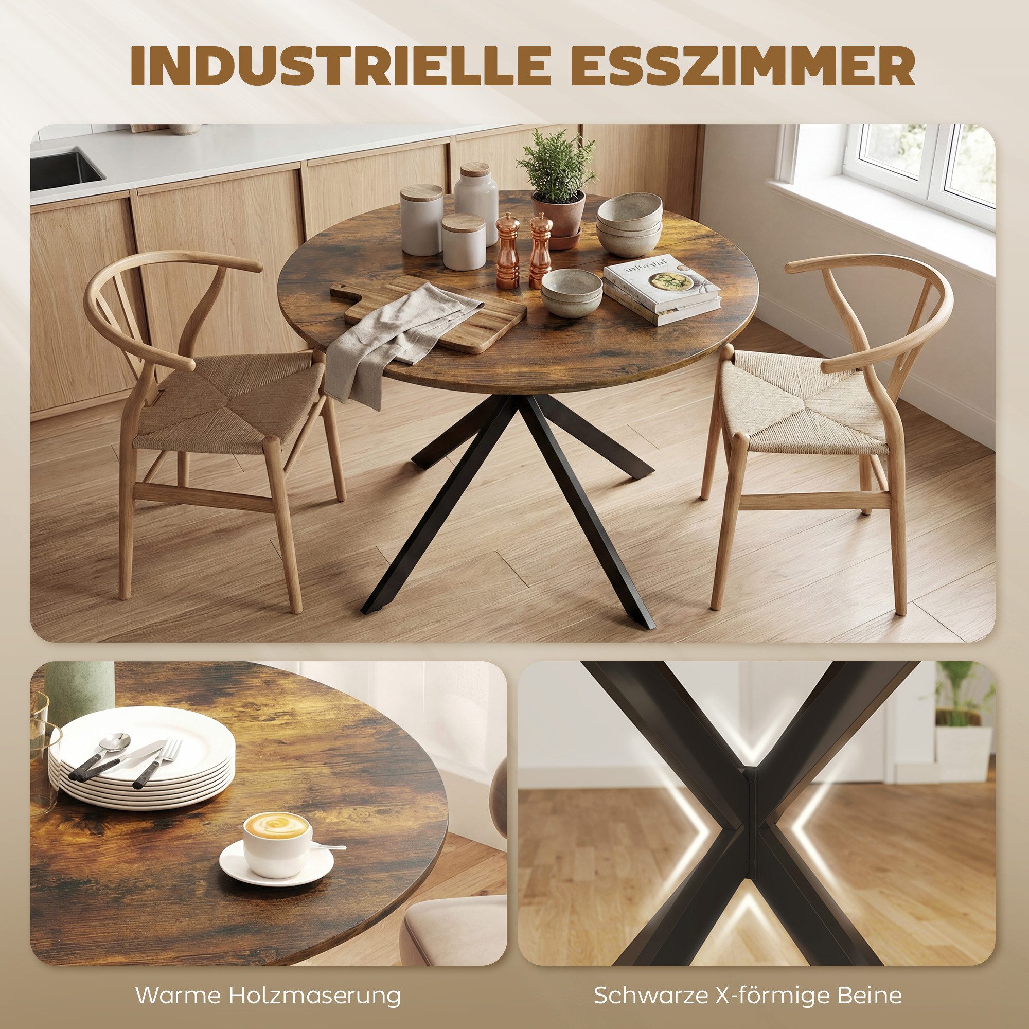 HOMCOM Esstisch Küchentisch im Industriestil mit Stahlbeinen für 4 Personen (für Esszimmer, Küche, Wohnzimmer, 1-St., rund, 100 x 100 x 75 cm), Rustikal-Braun – Bild 4 von 5